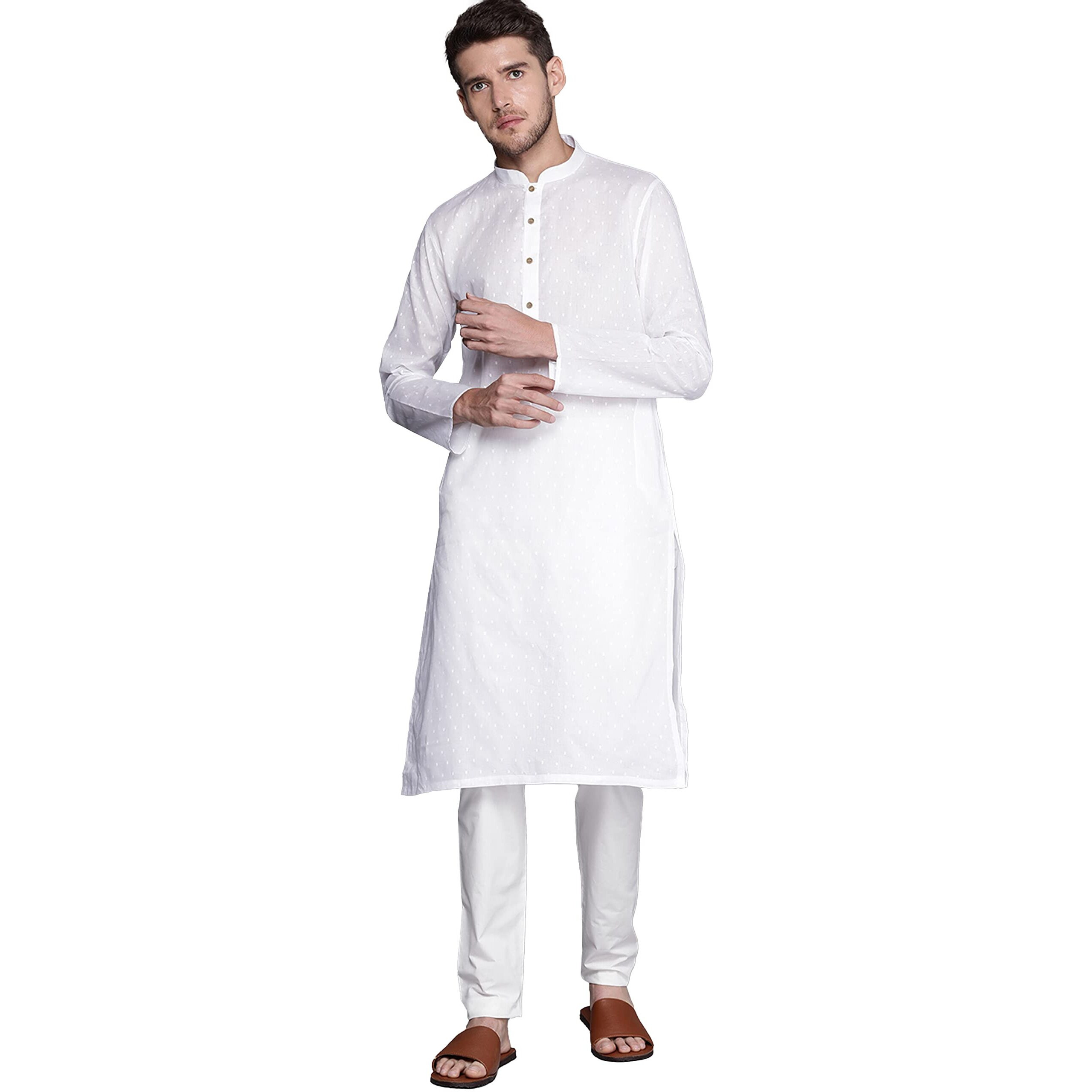 Manyavar Kurta Set For Men, Full Sleeves Mandarin Collar Ethnic Kurta Set For Engagement, Wedding, Party Solid (White, Xl)