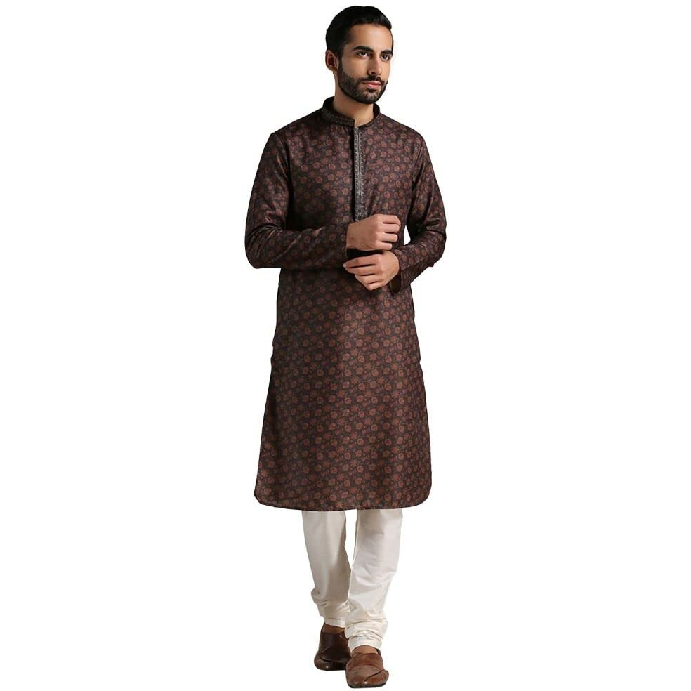 Manyavar Kurta Set For Men, Full Sleeves Mandarin Collar Ethnic Men's Kurta Set For Engagement, Wedding, Party Blended Viscose Printed (Black, Xl)
