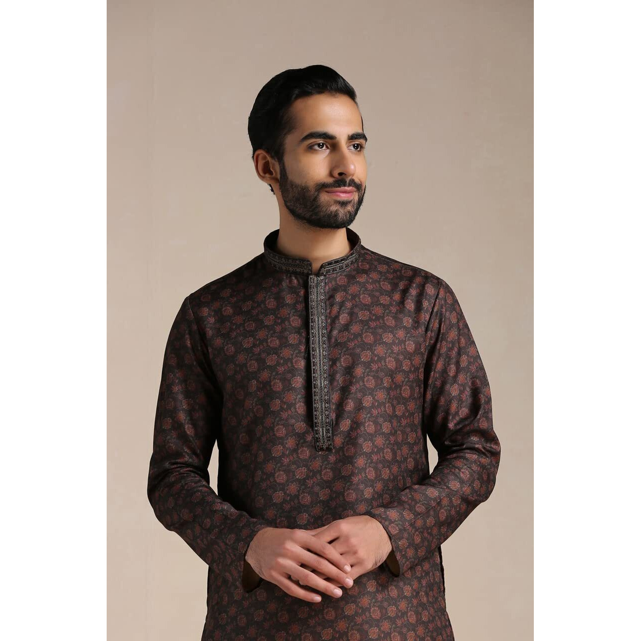 Manyavar Kurta Set For Men, Full Sleeves Mandarin Collar Ethnic Men's Kurta Set For Engagement, Wedding, Party Blended Viscose Printed (Black, Xl)