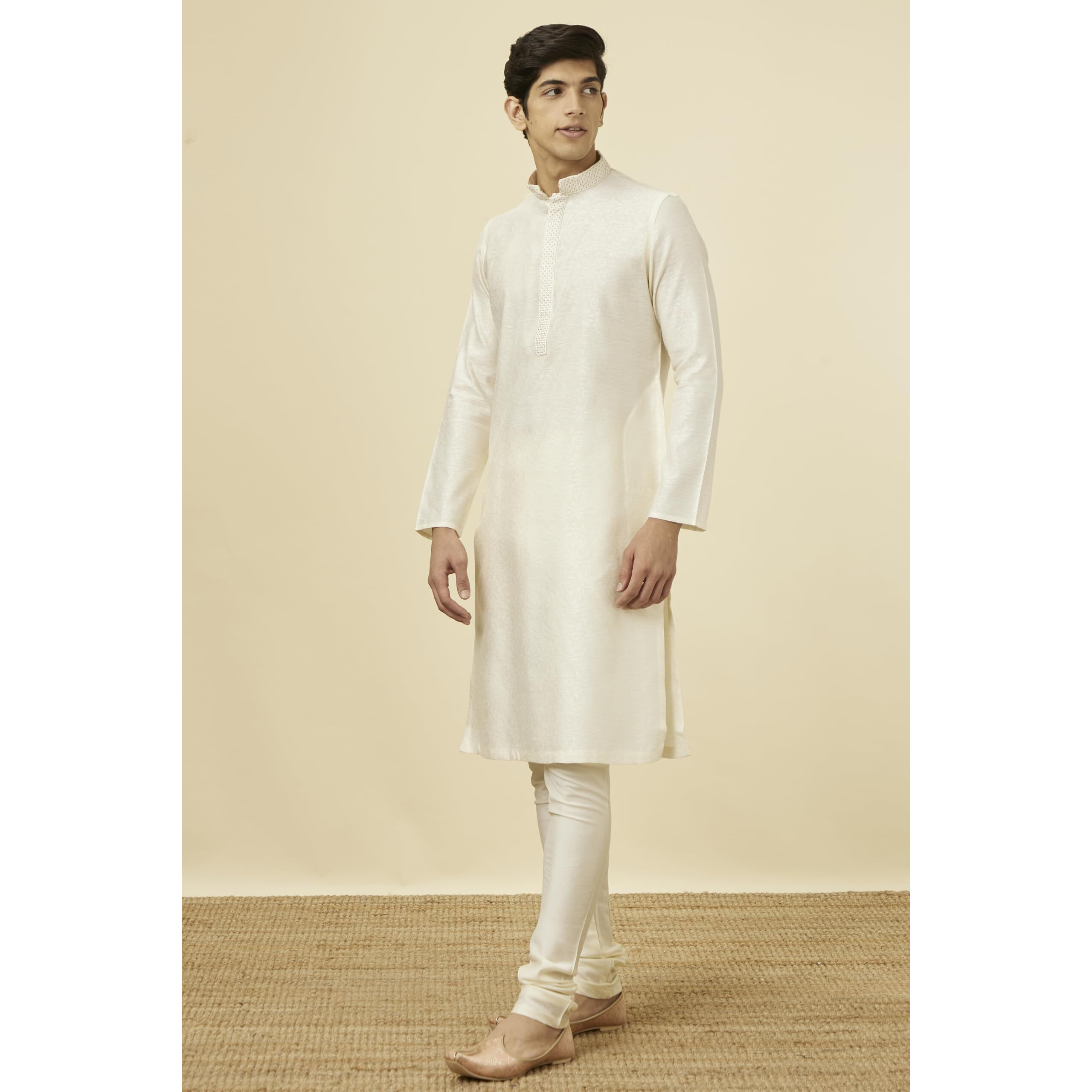 Manyavar Kurta Set For Men, Full Sleeves Mandarin Collar Ethnic Kurta Set For Engagement, Wedding, Party Solid (Off White, L)