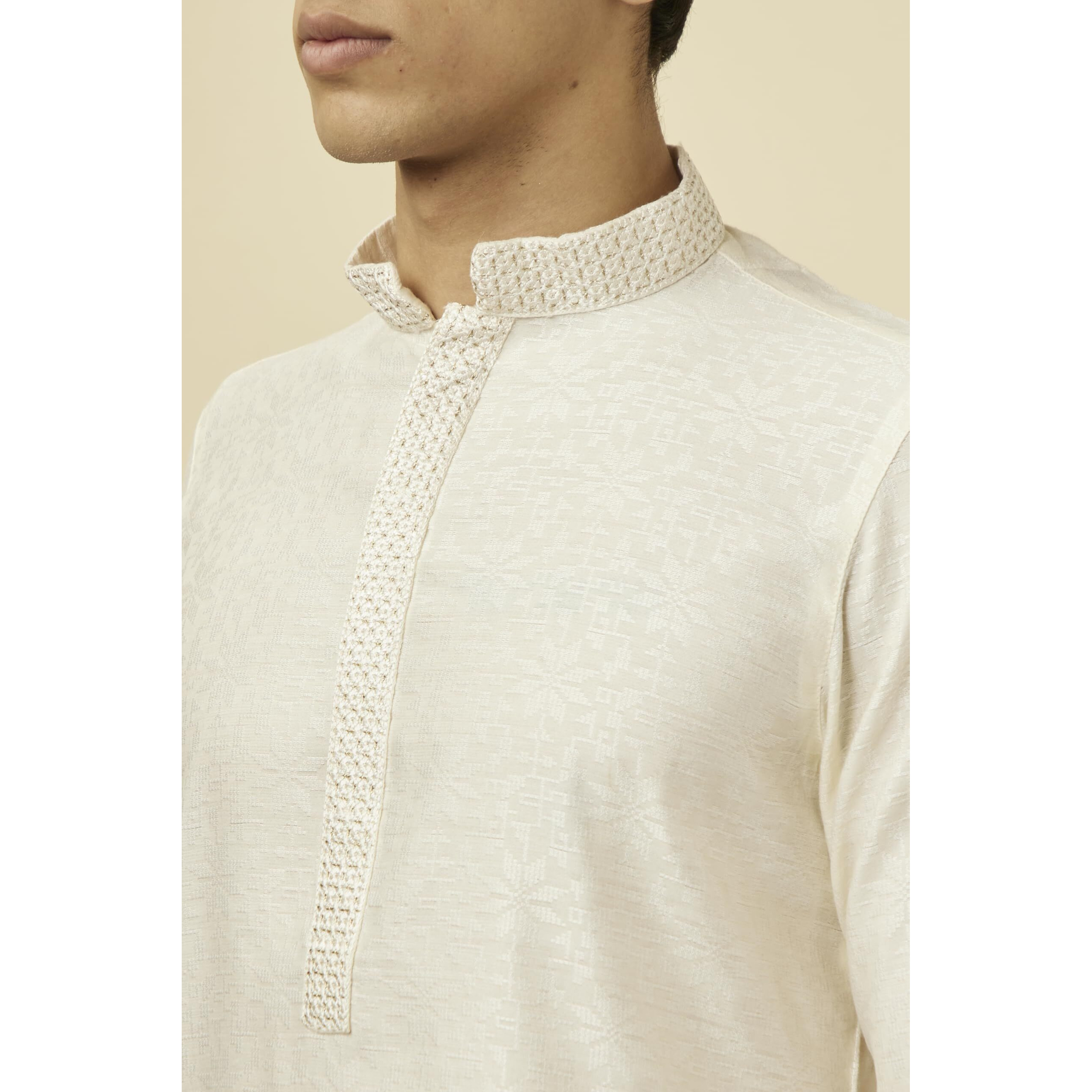 Manyavar Kurta Set For Men, Full Sleeves Mandarin Collar Ethnic Kurta Set For Engagement, Wedding, Party Solid (Off White, L)