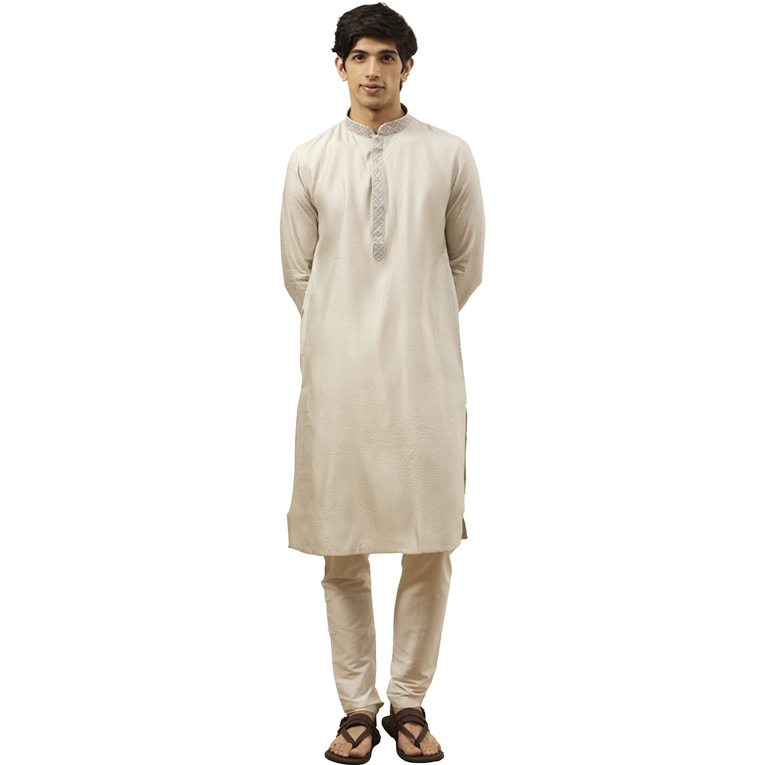 Manyavar Kurta Set For Men, Full Sleeves Mandarin Collar Ethnic Kurta Pyjama Set Art Silk All Over Self Design Set (Grey, M)