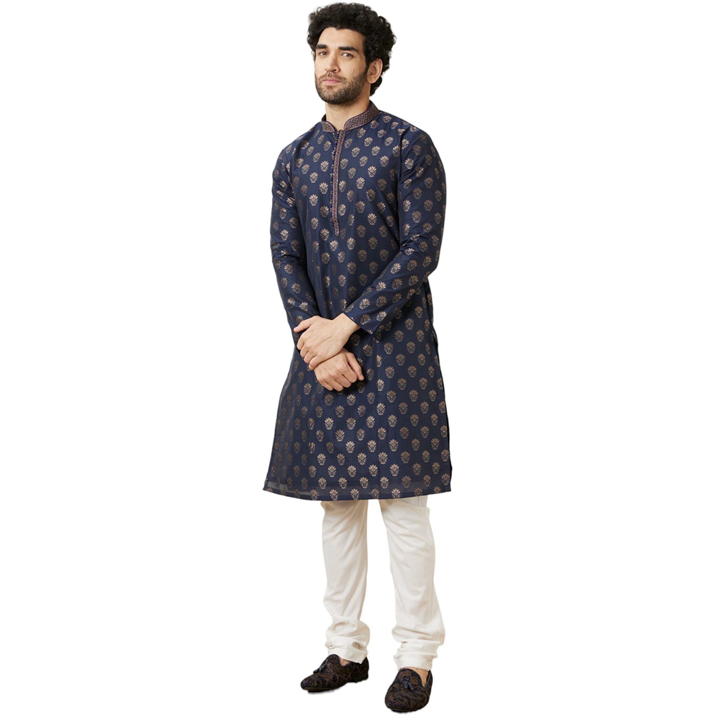 Manyavar Men's Art Silk Self Design Full Sleeves Knee Length Kurta Set (Blue, L)