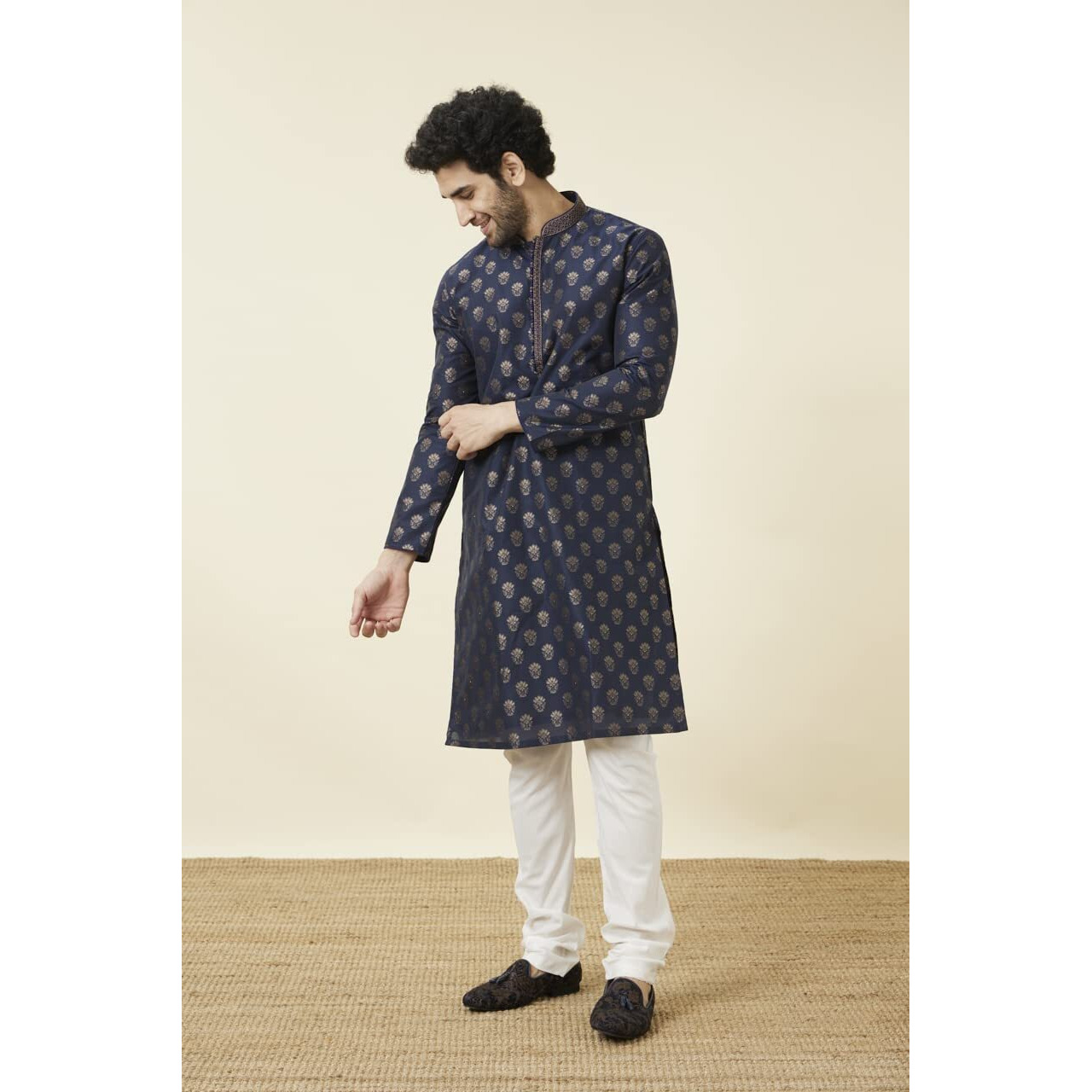 Manyavar Men's Art Silk Self Design Full Sleeves Knee Length Kurta Set (Blue, L)