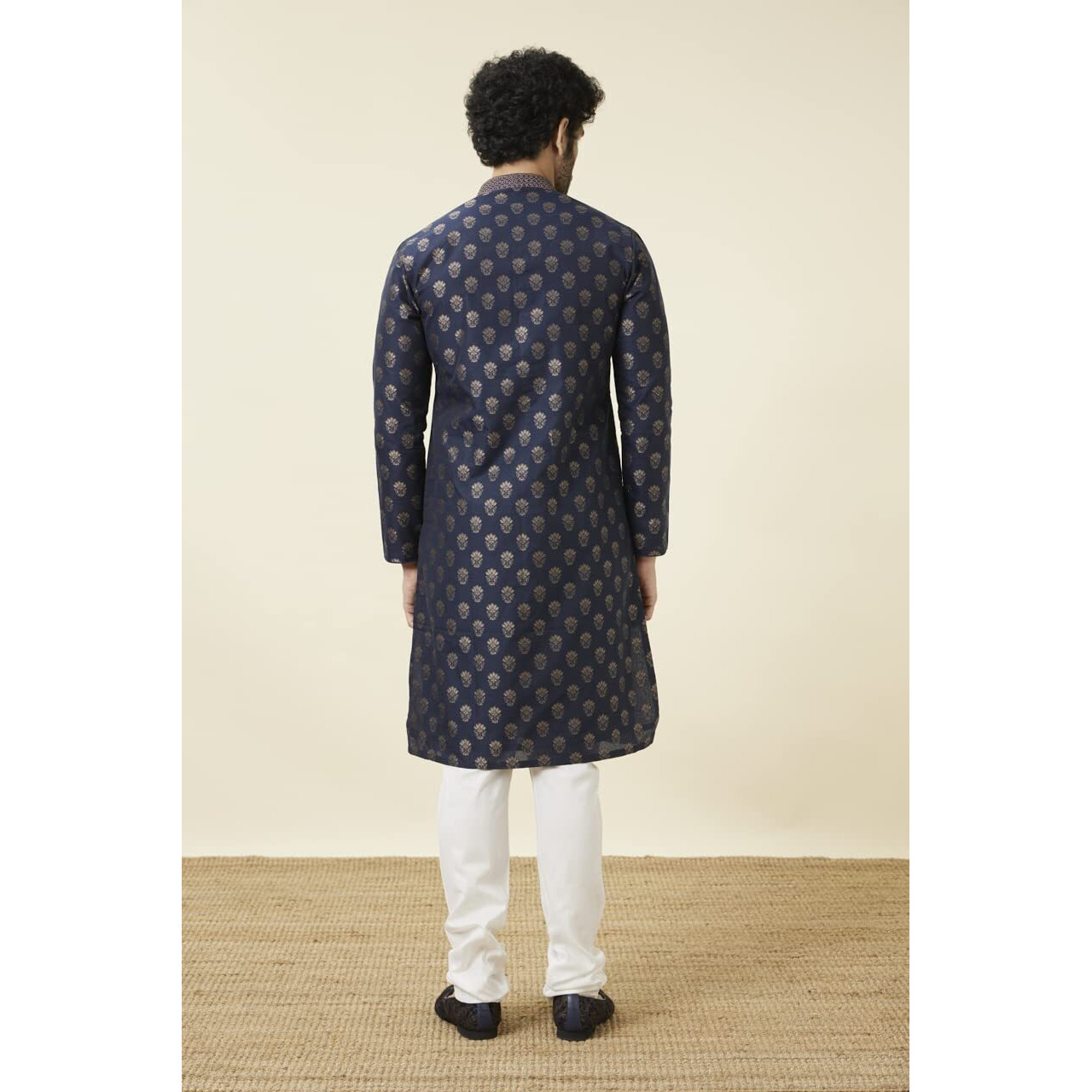 Manyavar Men's Art Silk Self Design Full Sleeves Knee Length Kurta Set (Blue, L)