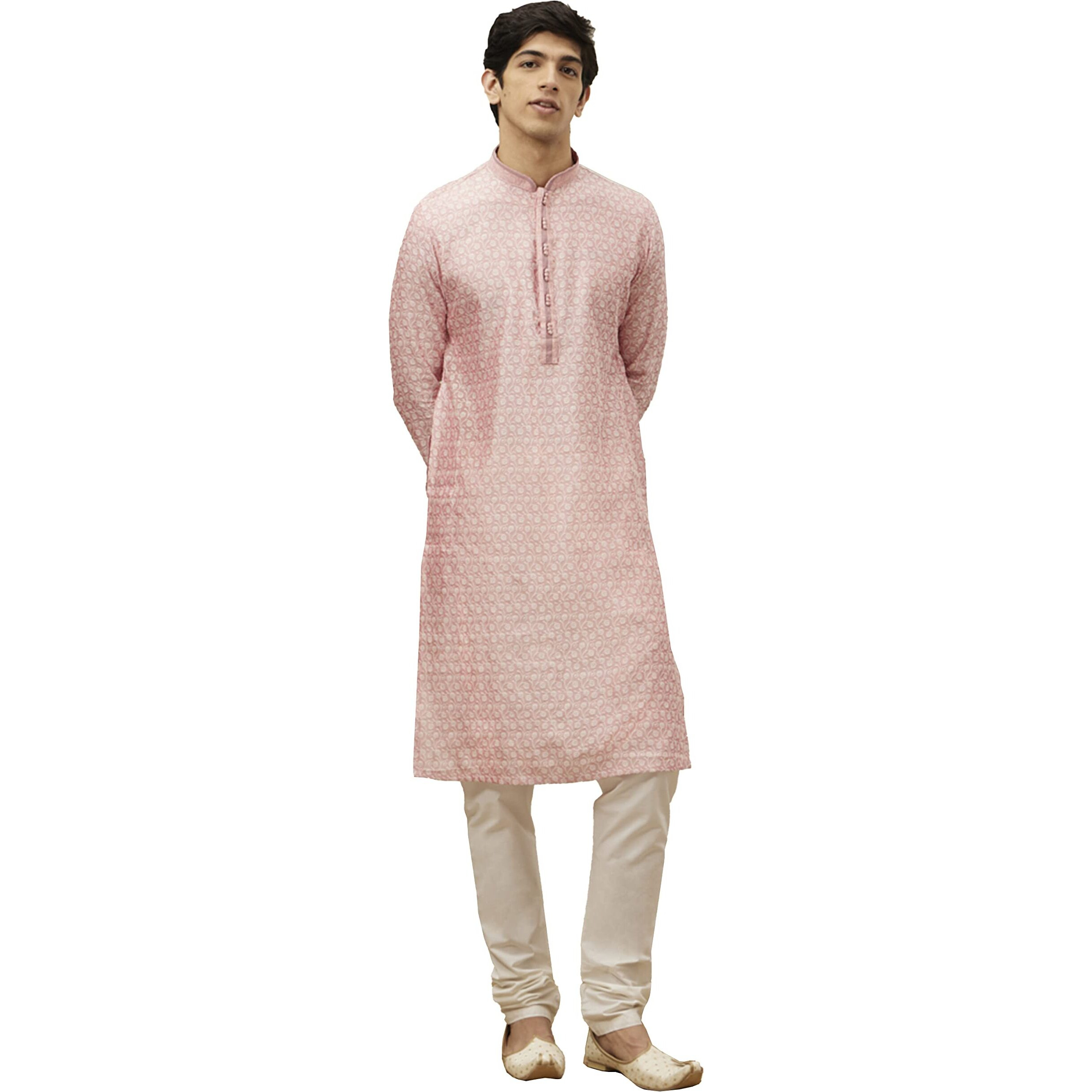 Manyavar Kurta Set For Men, Full Sleeves Mandarin Collar Ethnic Kurta & Payjama Set Art Silk Embroidery Set (Pink, L)