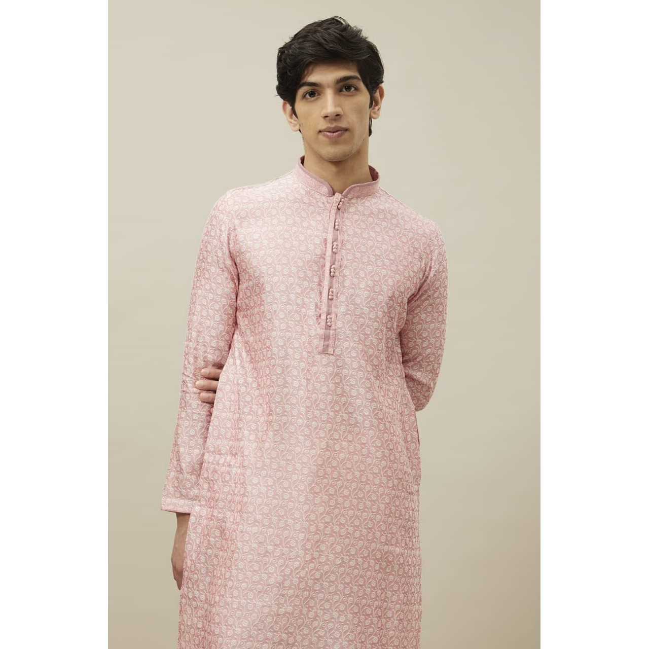 Manyavar Kurta Set For Men, Full Sleeves Mandarin Collar Ethnic Kurta & Payjama Set Art Silk Embroidery Set (Pink, L)