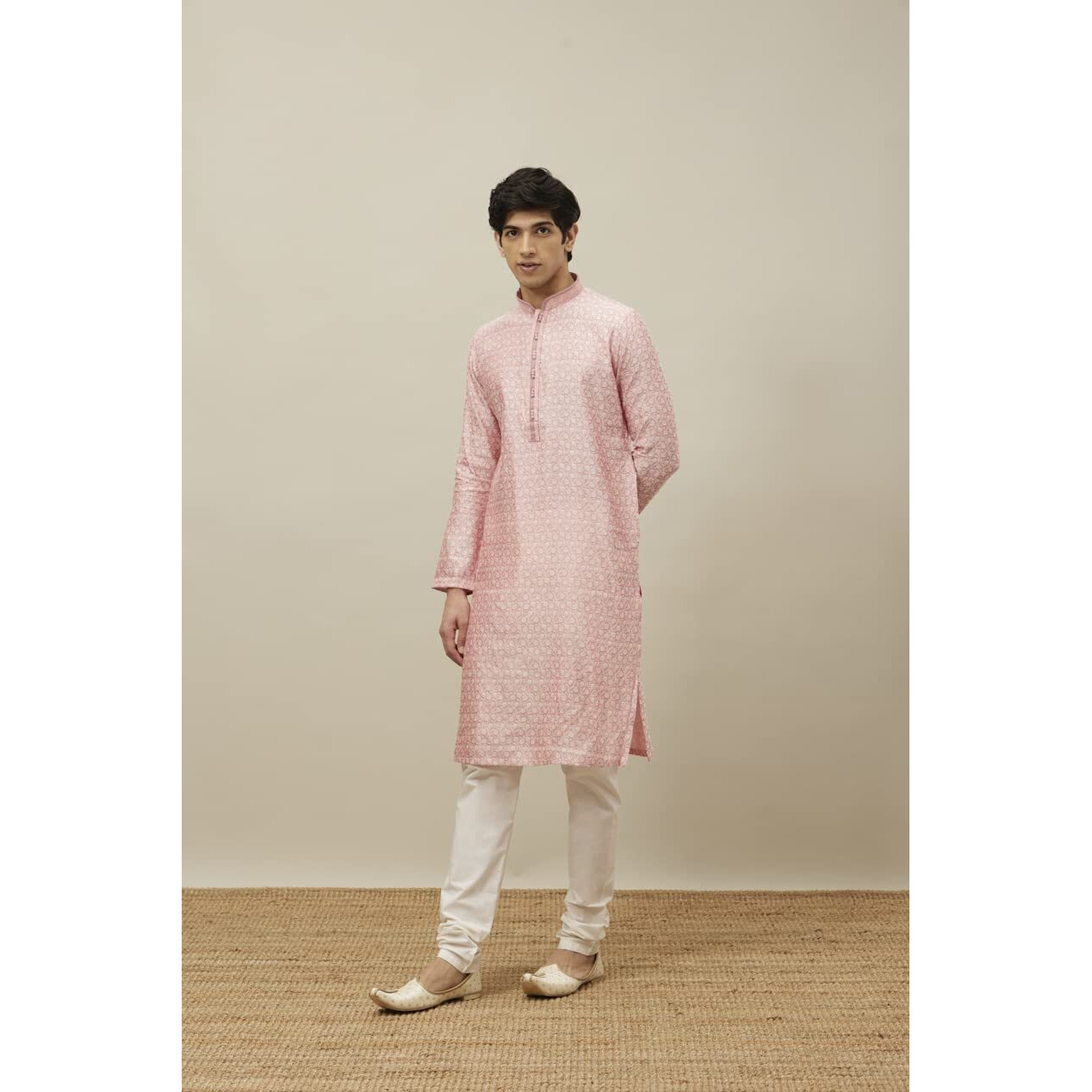 Manyavar Kurta Set For Men, Full Sleeves Mandarin Collar Ethnic Kurta & Payjama Set Art Silk Embroidery Set (Pink, L)