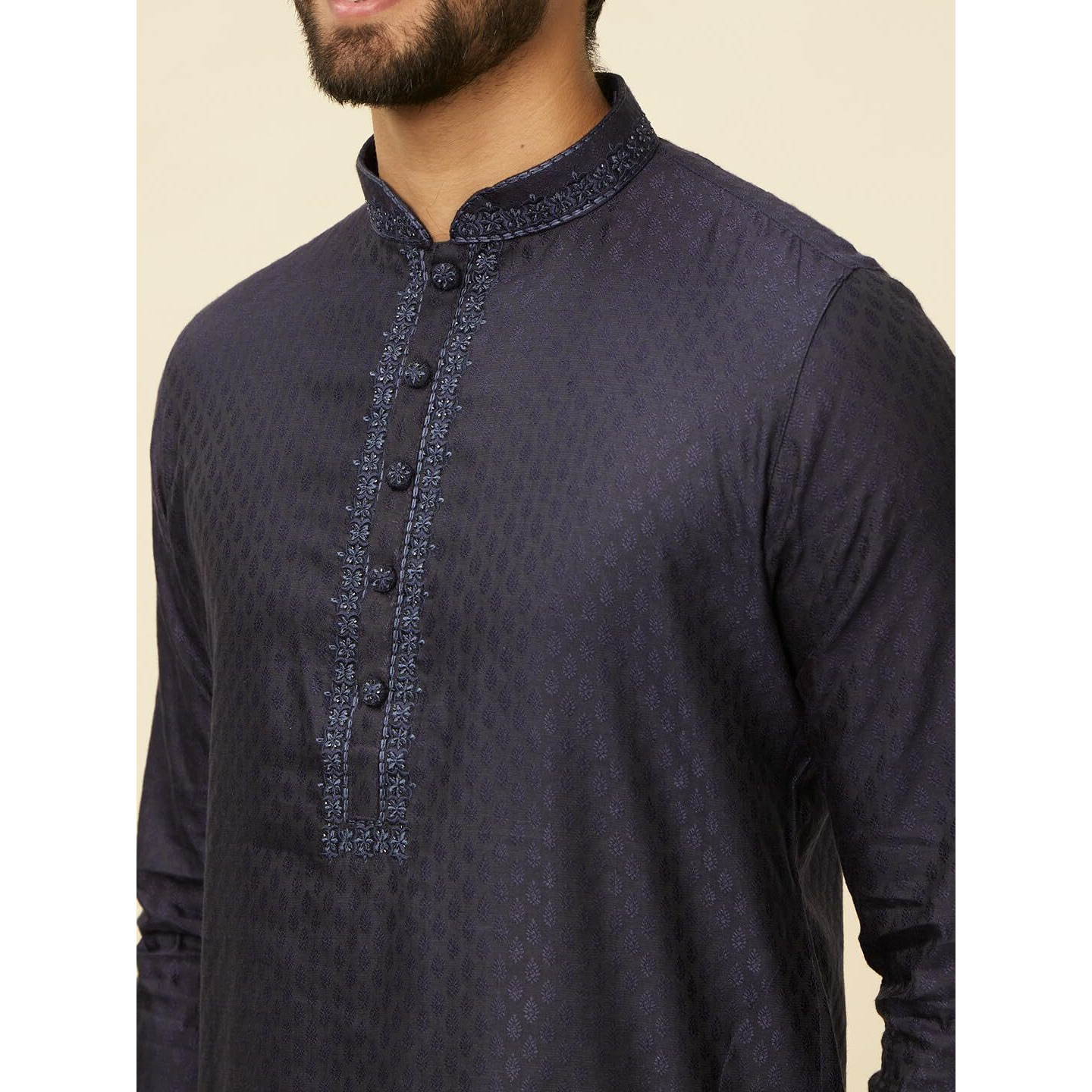 Manyavar Mens Blue Blended Viscose Self Design Kurta Pyjama Set