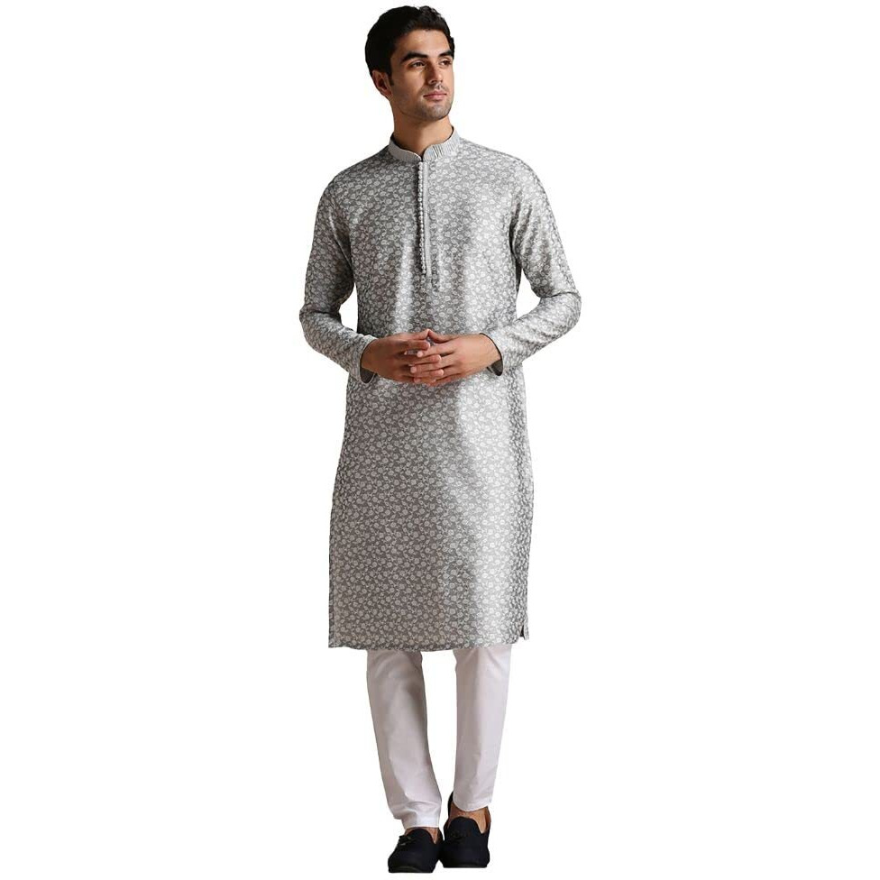 Manyavar Kurta Set For Men, Full Sleeves Mandarin Collar Ethnic Men's Kurta Set For Engagement, Wedding, Party Blended Viscose Printed (Grey, Xl)