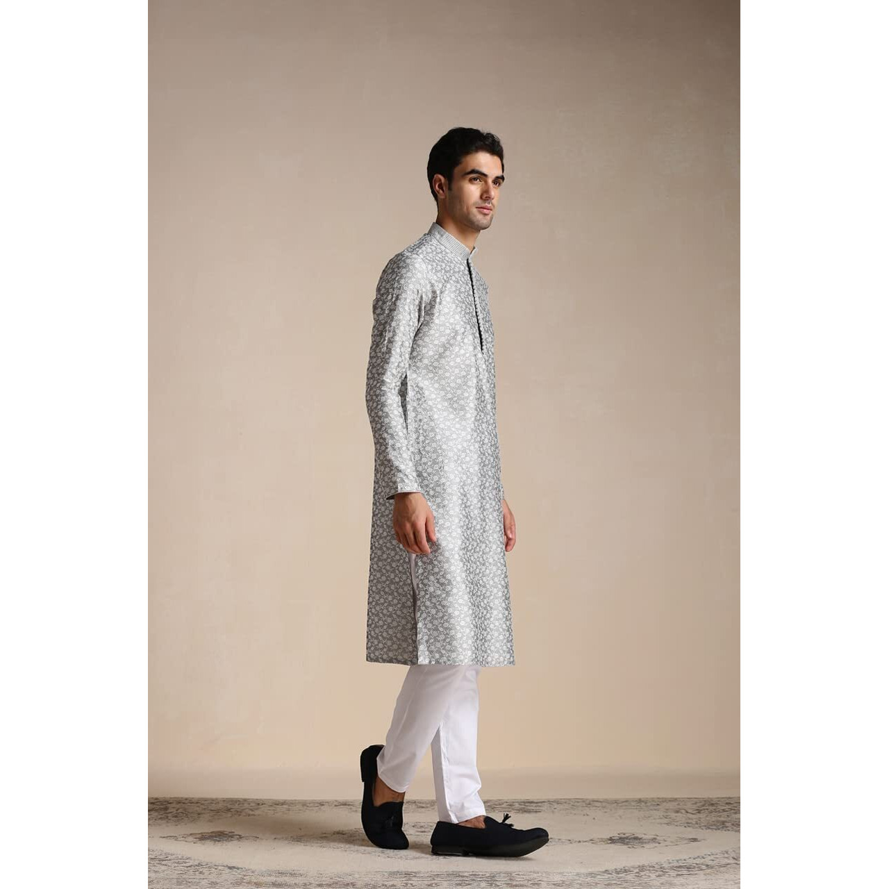 Manyavar Kurta Set For Men, Full Sleeves Mandarin Collar Ethnic Men's Kurta Set For Engagement, Wedding, Party Blended Viscose Printed (Grey, Xl)