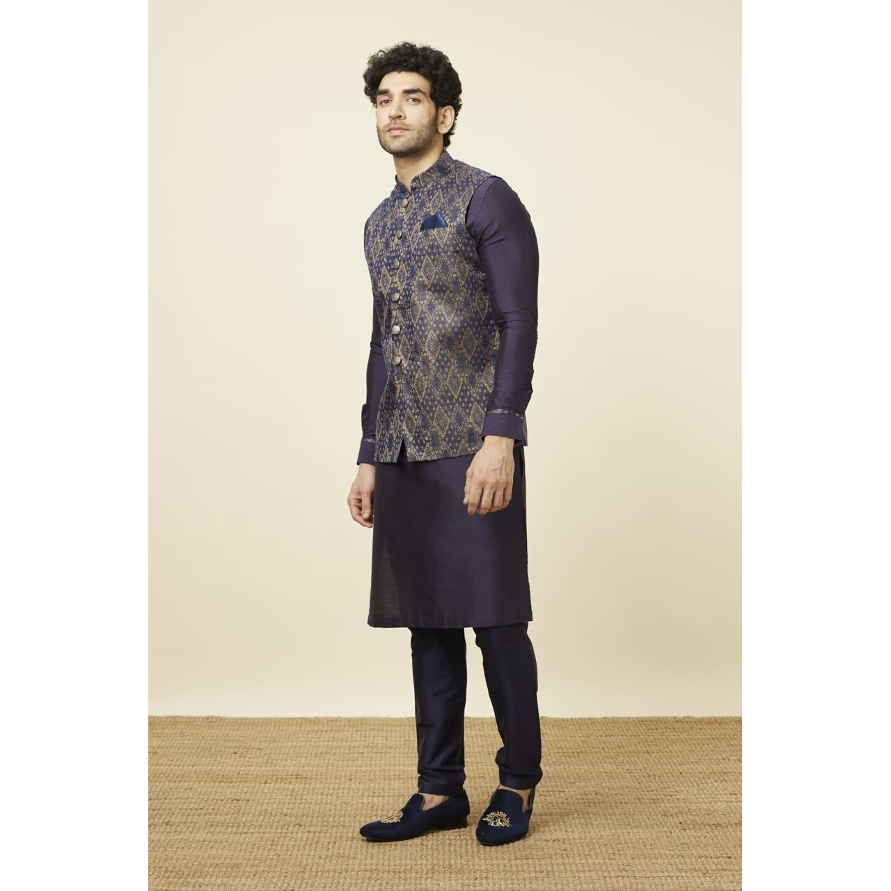 Diwas By Manyavar Men's Blended Viscose Diamond Print Self Design Jacket Set (3Pcs)