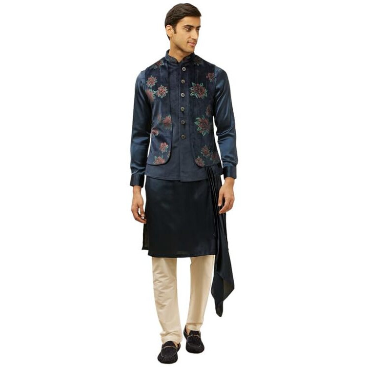 Manyavar Mens Blue Velvet Printed Kurta Pyjama Jacket Set