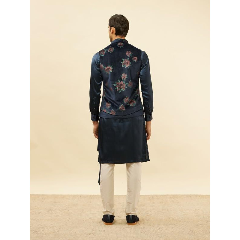 Manyavar Mens Blue Velvet Printed Kurta Pyjama Jacket Set