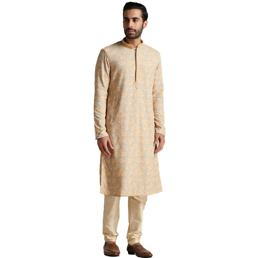 Manyavar Kurta Set For Men, Full Sleeves Mandarin Collar Ethnic Men's Kurta Set For Engagement, Wedding, Party Blended Cotton Printed (Pista, Xl)