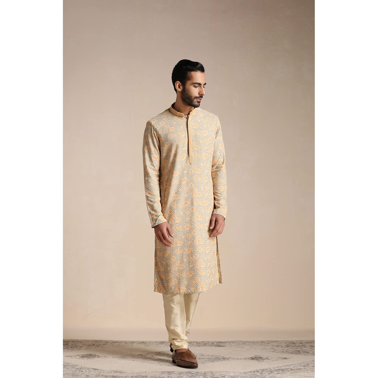 Manyavar Kurta Set For Men, Full Sleeves Mandarin Collar Ethnic Men's Kurta Set For Engagement, Wedding, Party Blended Cotton Printed (Pista, Xl)