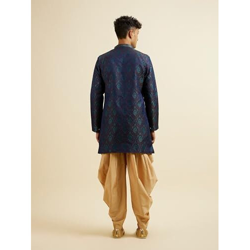 Manyavar Men's Art Silk Jacquard Embroidered Kurta Set (Blue,M)