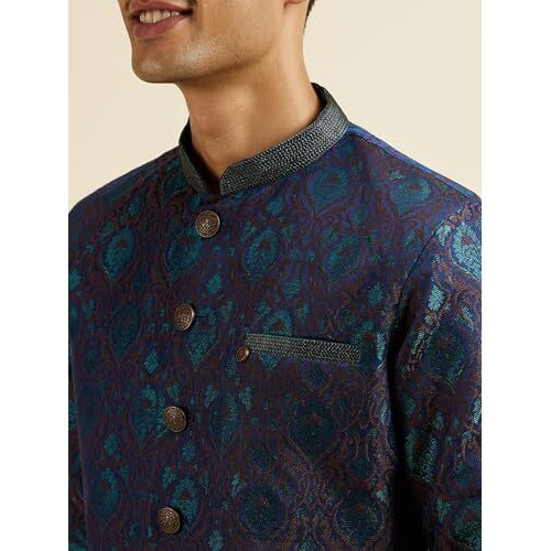 Manyavar Men's Art Silk Jacquard Embroidered Kurta Set (Blue,M)