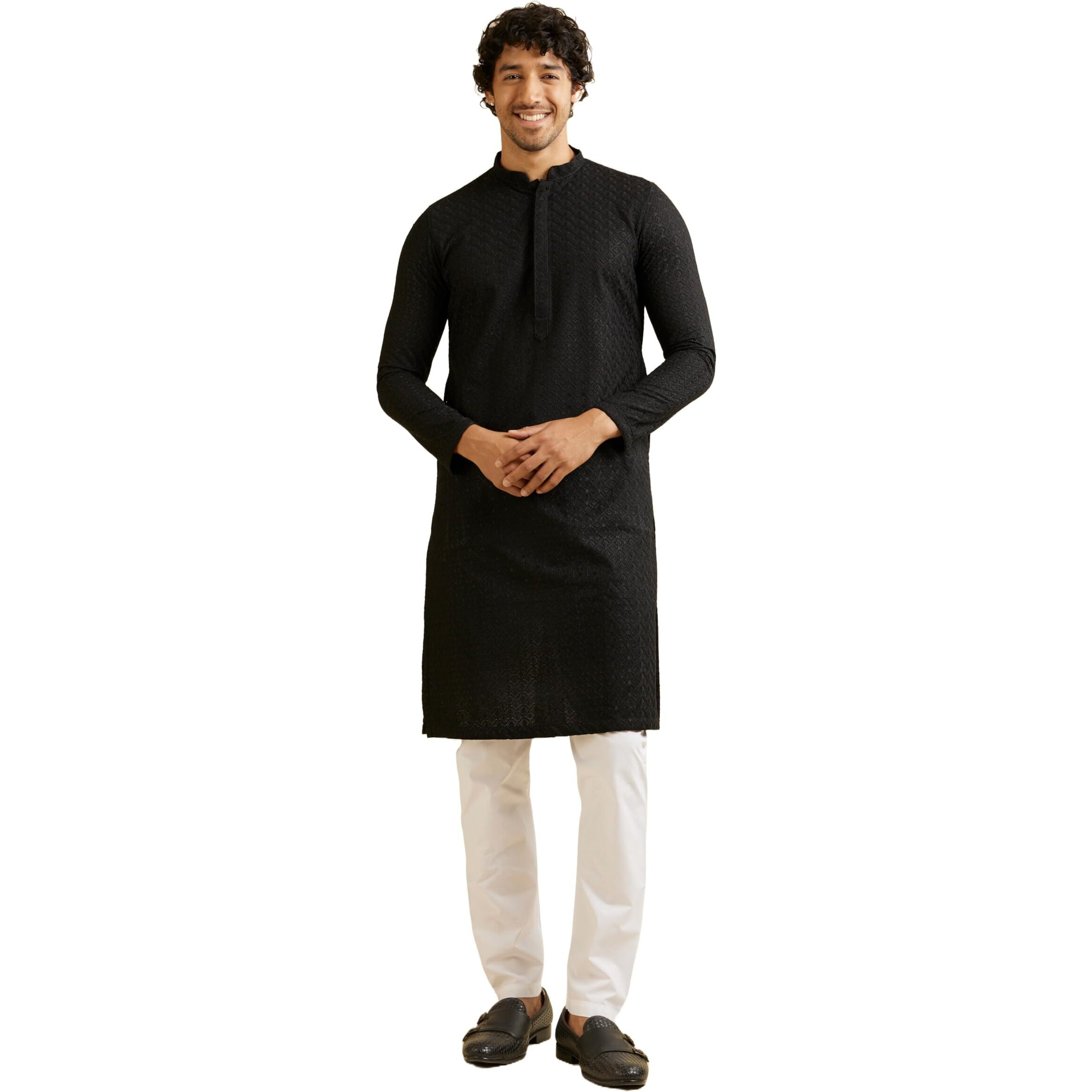 Manyavar Kurta Set For Men, Full Sleeves Mandarin Collar Ethnic Kurta Set For Engagement, Wedding, Party Solid (Black, S)