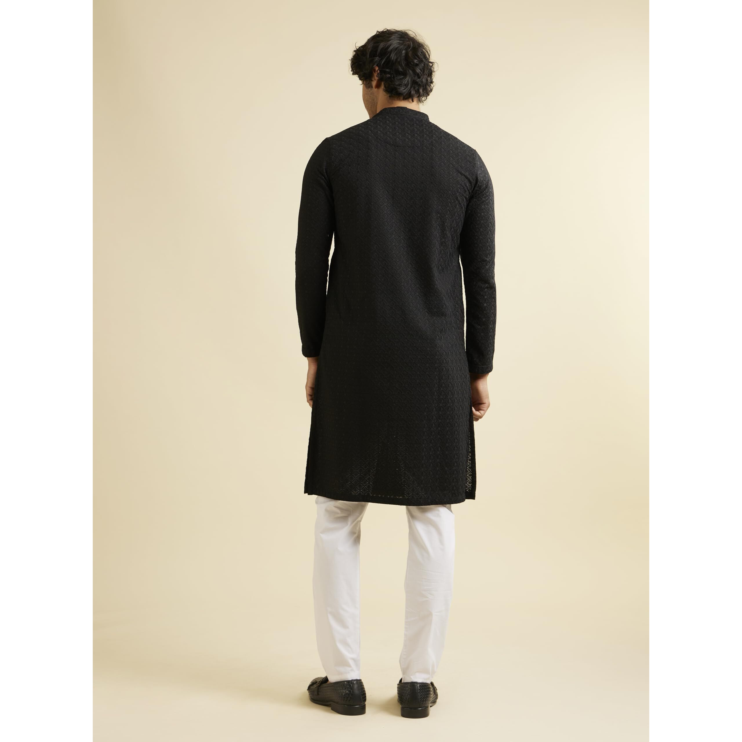 Manyavar Kurta Set For Men, Full Sleeves Mandarin Collar Ethnic Kurta Set For Engagement, Wedding, Party Solid (Black, S)