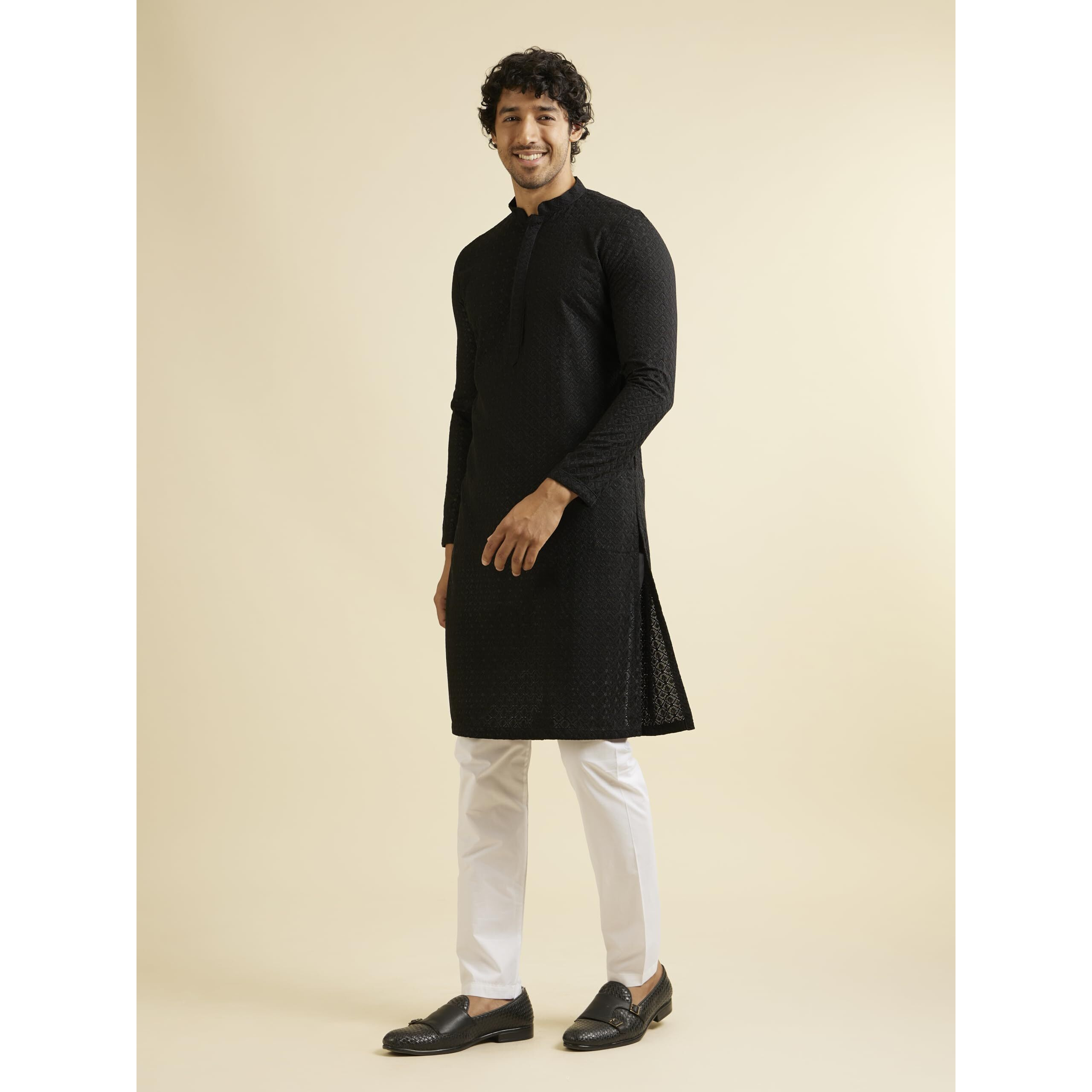 Manyavar Kurta Set For Men, Full Sleeves Mandarin Collar Ethnic Kurta Set For Engagement, Wedding, Party Solid (Black, M)