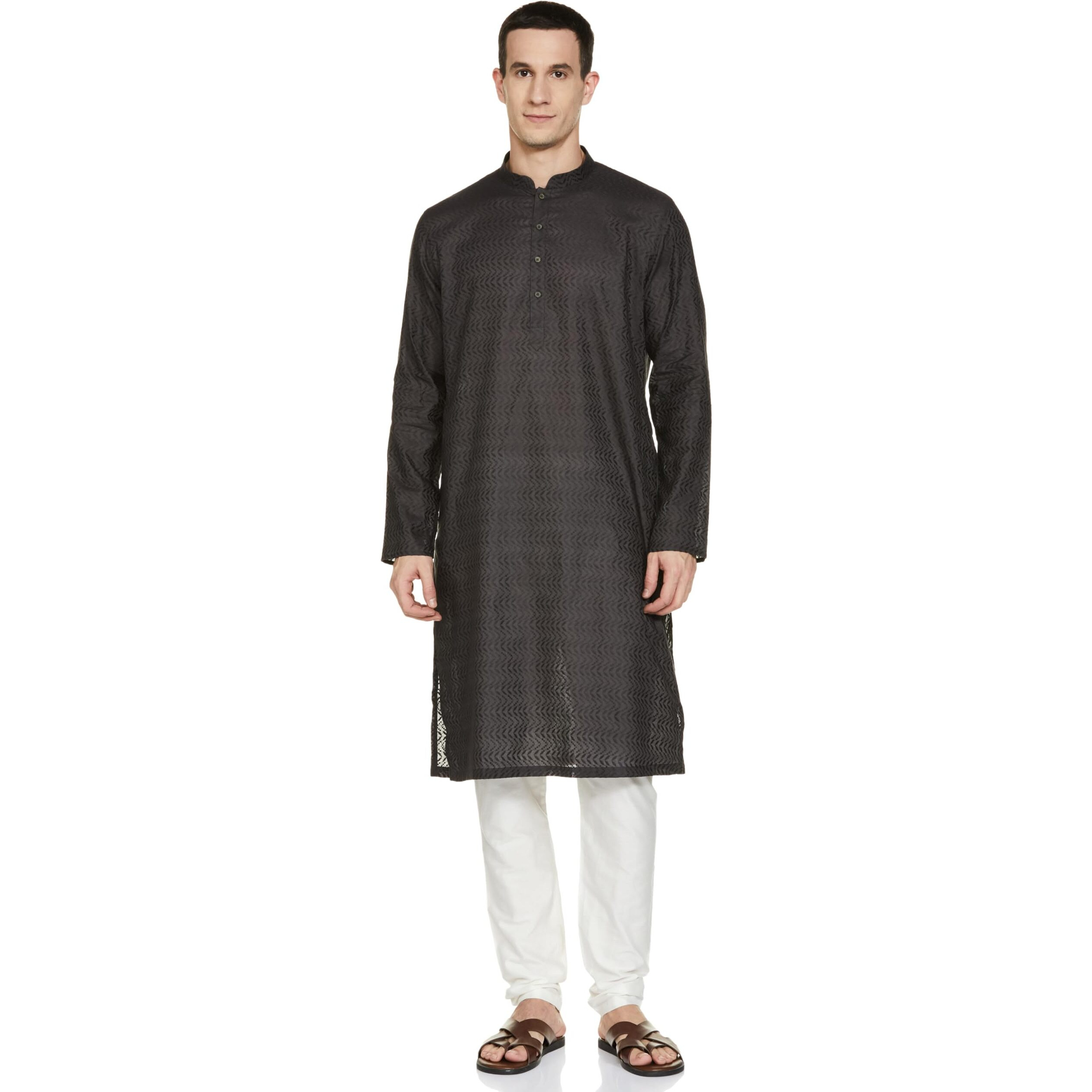 Manyavar Grey Cotton Solid Casual Kurta Set For Men