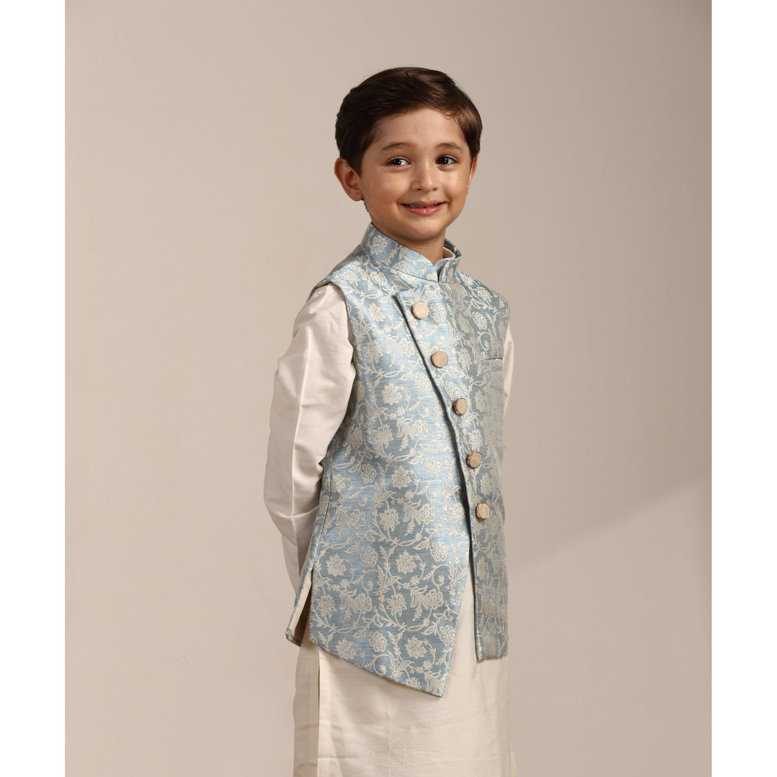 Manyavar Boys Blue Brocade Kurta Jacket Pyjama Set(5-6 Years)