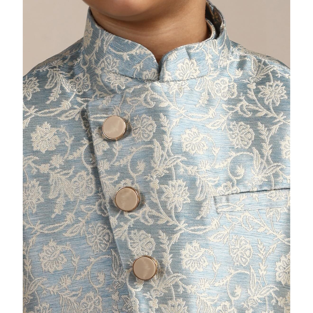Manyavar Boys Blue Brocade Kurta Jacket Pyjama Set(5-6 Years)