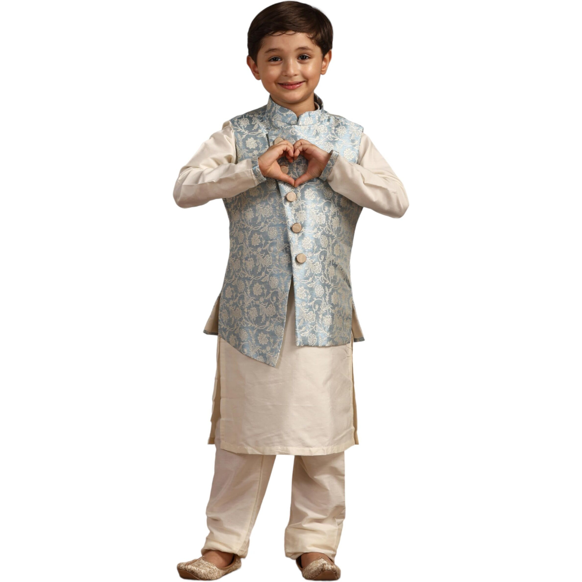 Manyavar Boys Blue Brocade Kurta Jacket Pyjama Set(4-5 Years)
