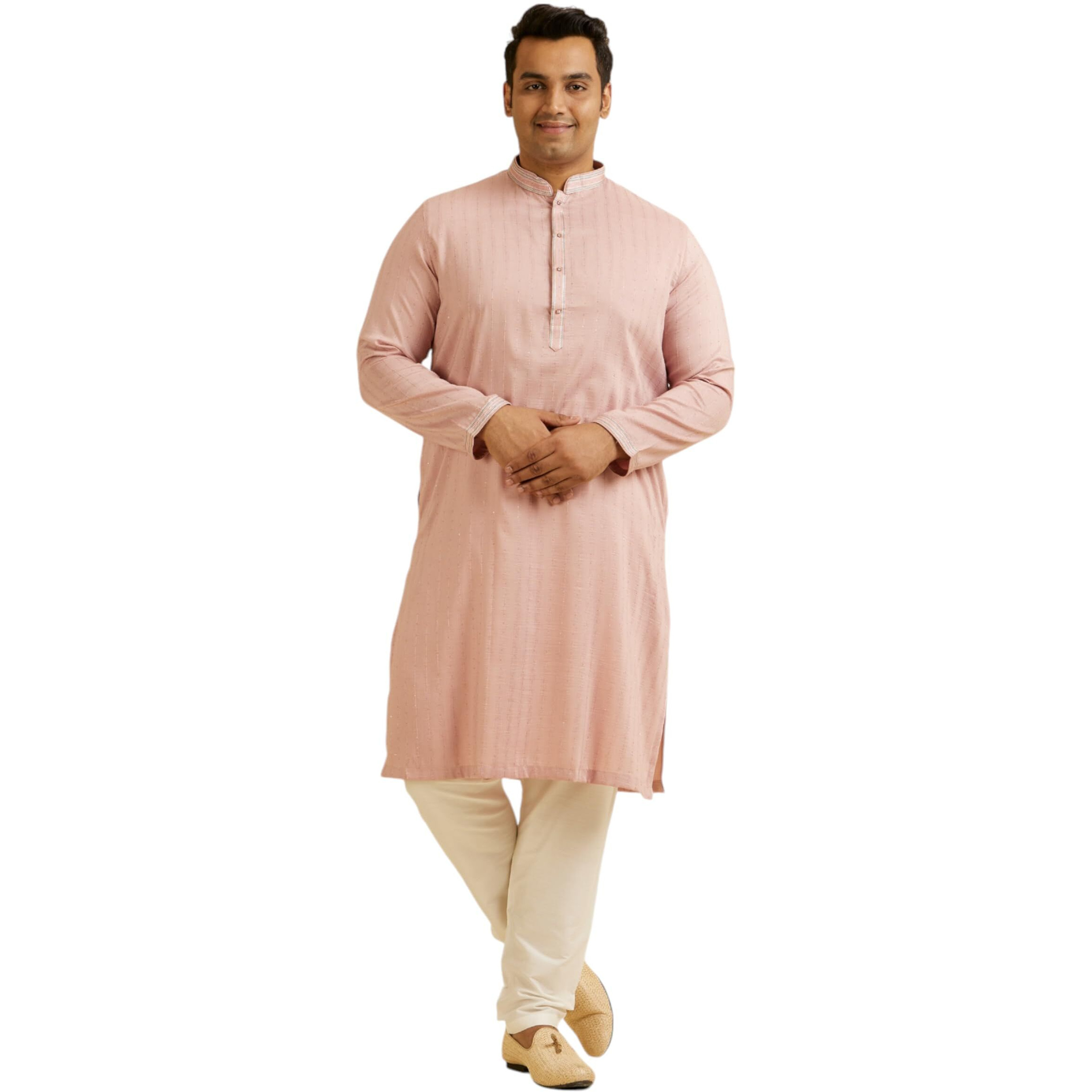 Manyavar Men's Art Silk Self-Design Kurta Pyjama Set (Pink,03Xl)