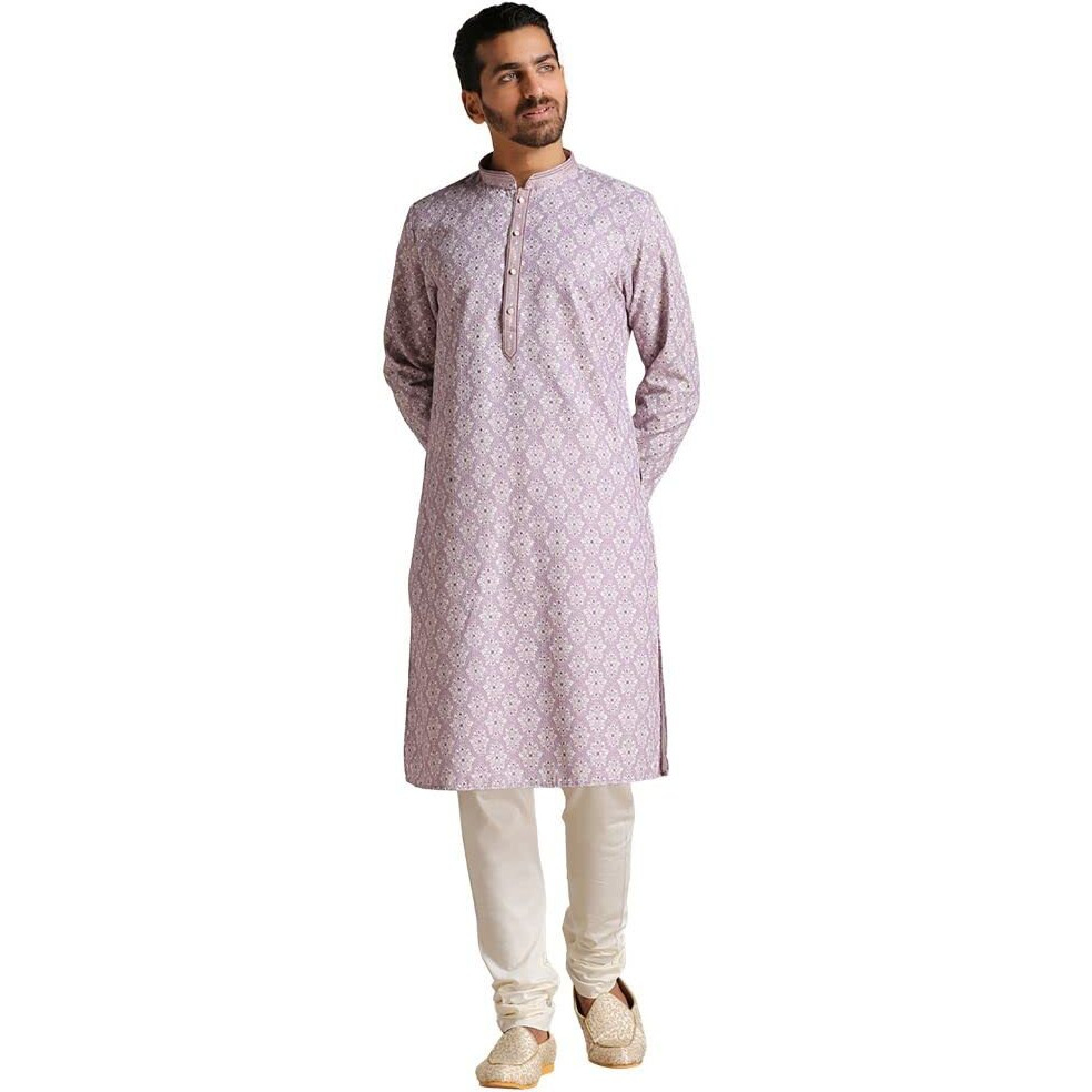 Manyavar Kurta Set For Men, Full Sleeves Mandarin Collar Ethnic Men's Kurta Set For Engagement, Wedding, Party Blended Cotton Printed (Purple, S)
