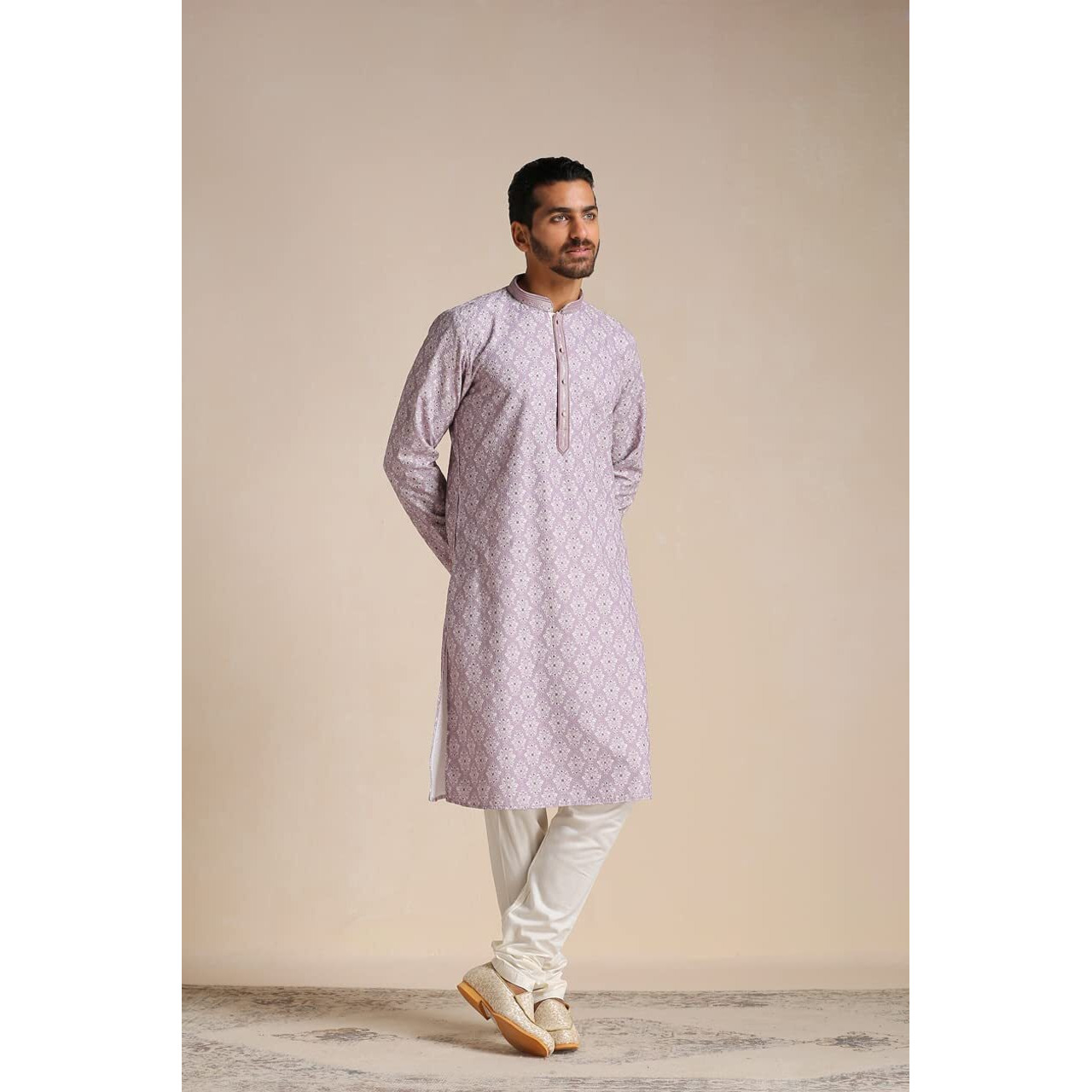 Manyavar Kurta Set For Men, Full Sleeves Mandarin Collar Ethnic Men's Kurta Set For Engagement, Wedding, Party Blended Cotton Printed (Purple, S)