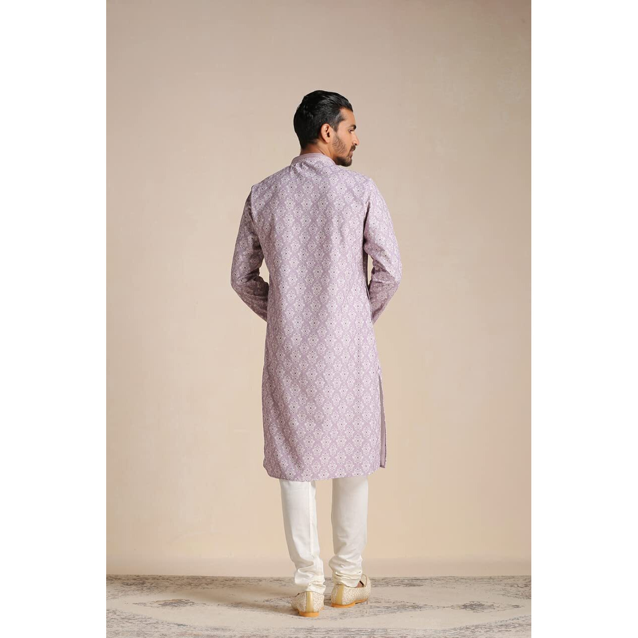 Manyavar Kurta Set For Men, Full Sleeves Mandarin Collar Ethnic Men's Kurta Set For Engagement, Wedding, Party Blended Cotton Printed (Purple, S)