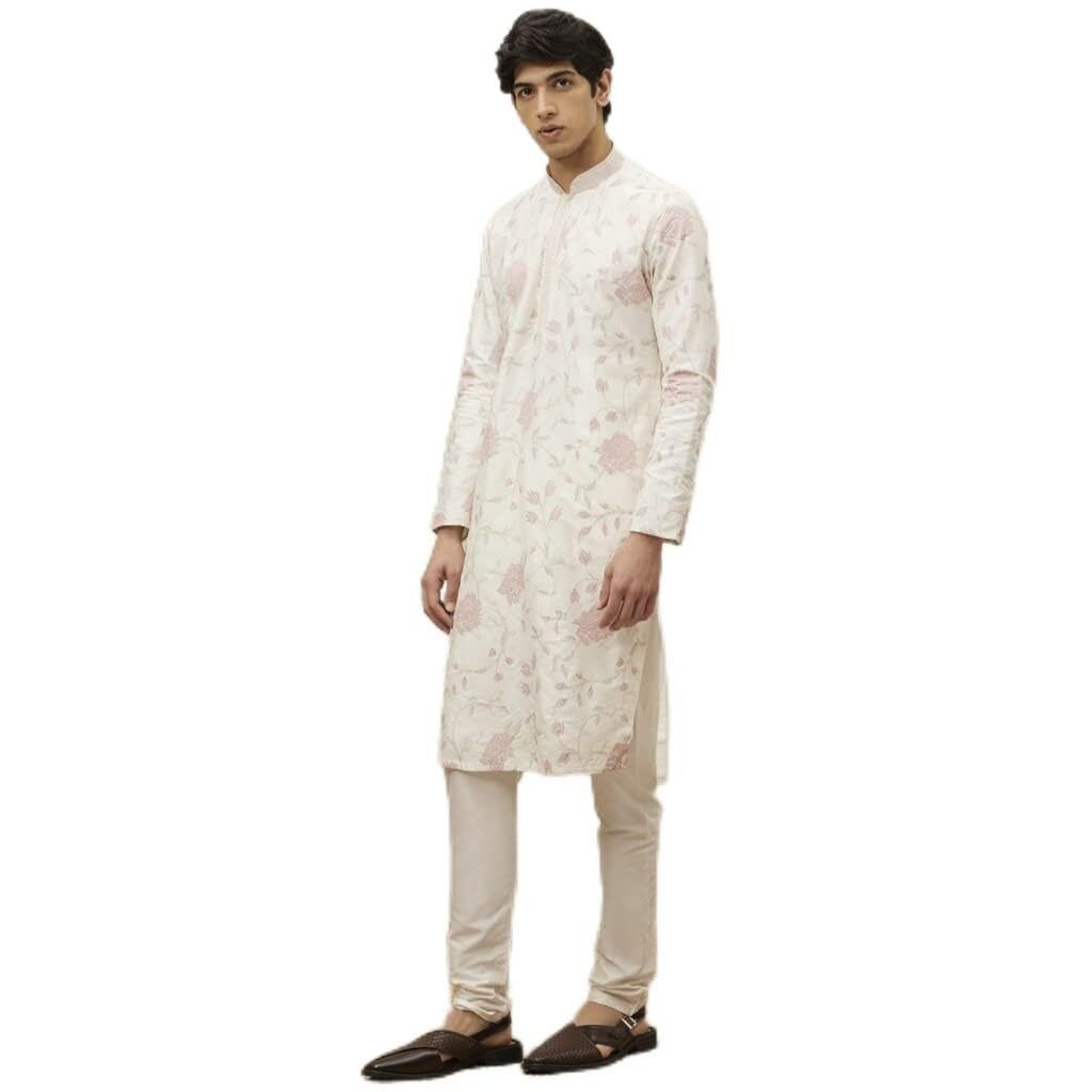 Manyavar Kurta Set For Men, Full Sleeves Mandarin Collar Ethnic Kurta Pyjama Set Art Silk Embroidery Set (White, Xl)