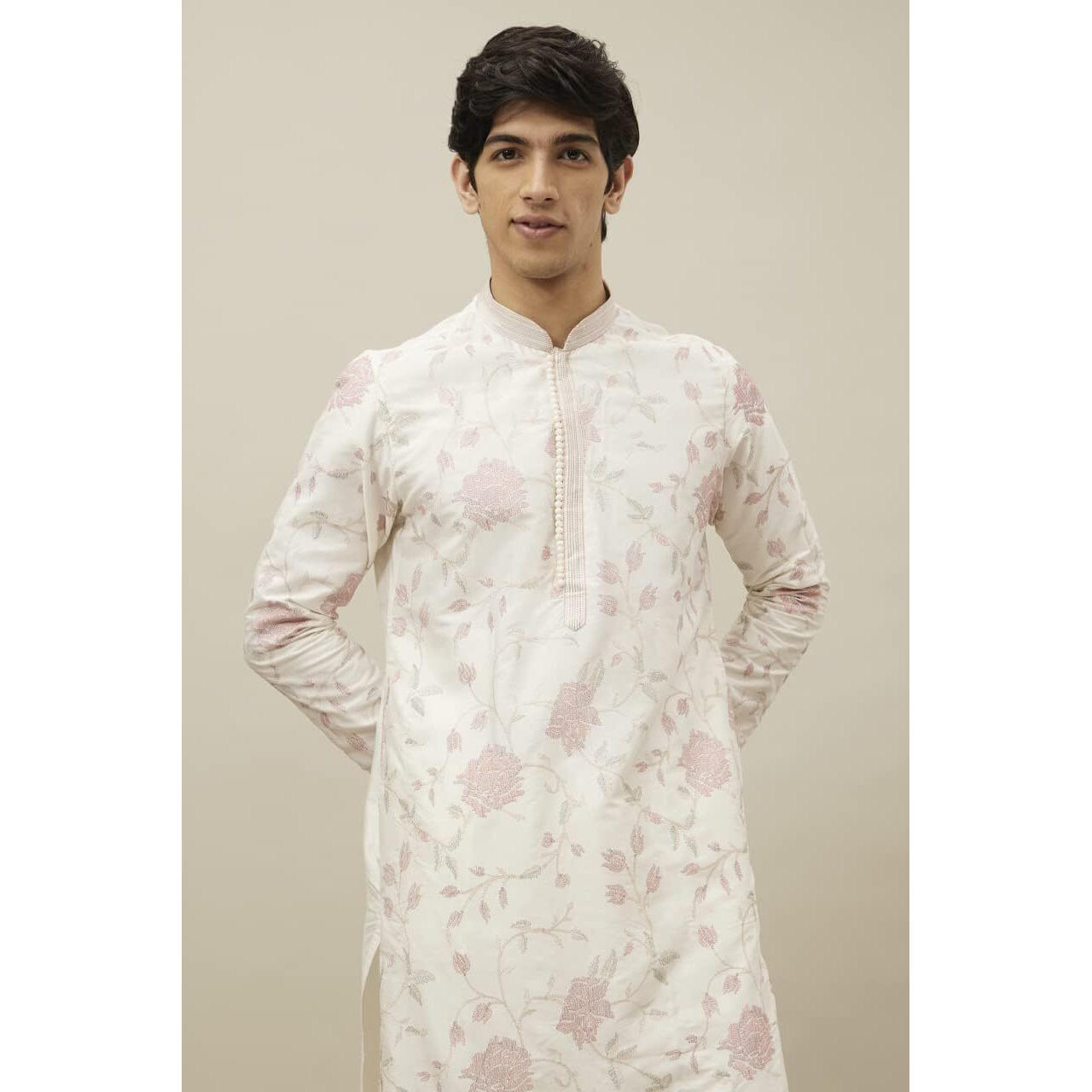 Manyavar Kurta Set For Men, Full Sleeves Mandarin Collar Ethnic Kurta Pyjama Set Art Silk Embroidery Set (White, Xl)