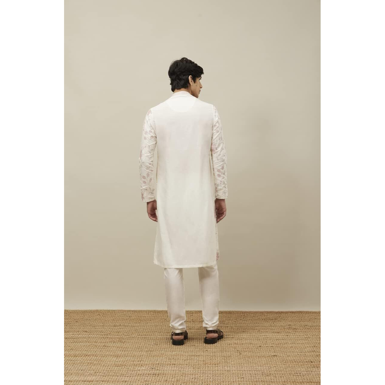 Manyavar Kurta Set For Men, Full Sleeves Mandarin Collar Ethnic Kurta Pyjama Set Art Silk Embroidery Set (White, Xl)