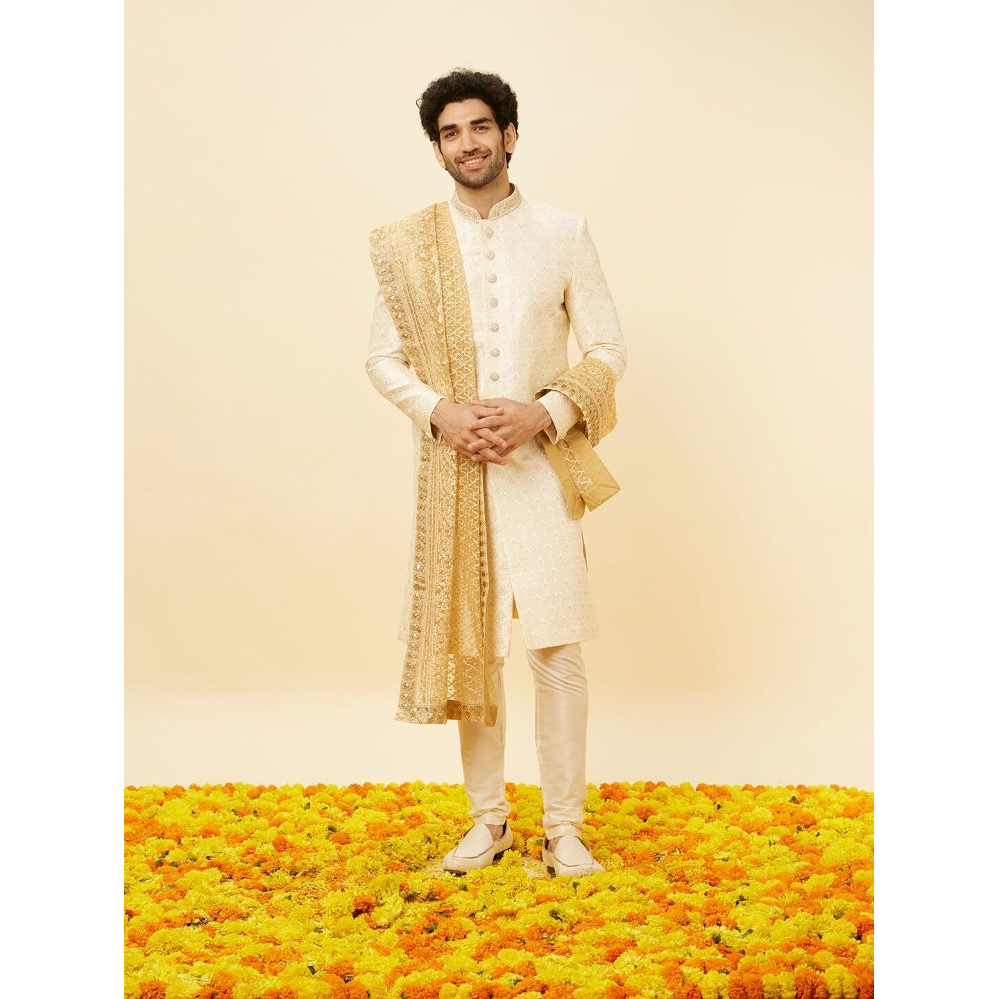 Manyavar Soft Beige Jaal Patterned Dupatta