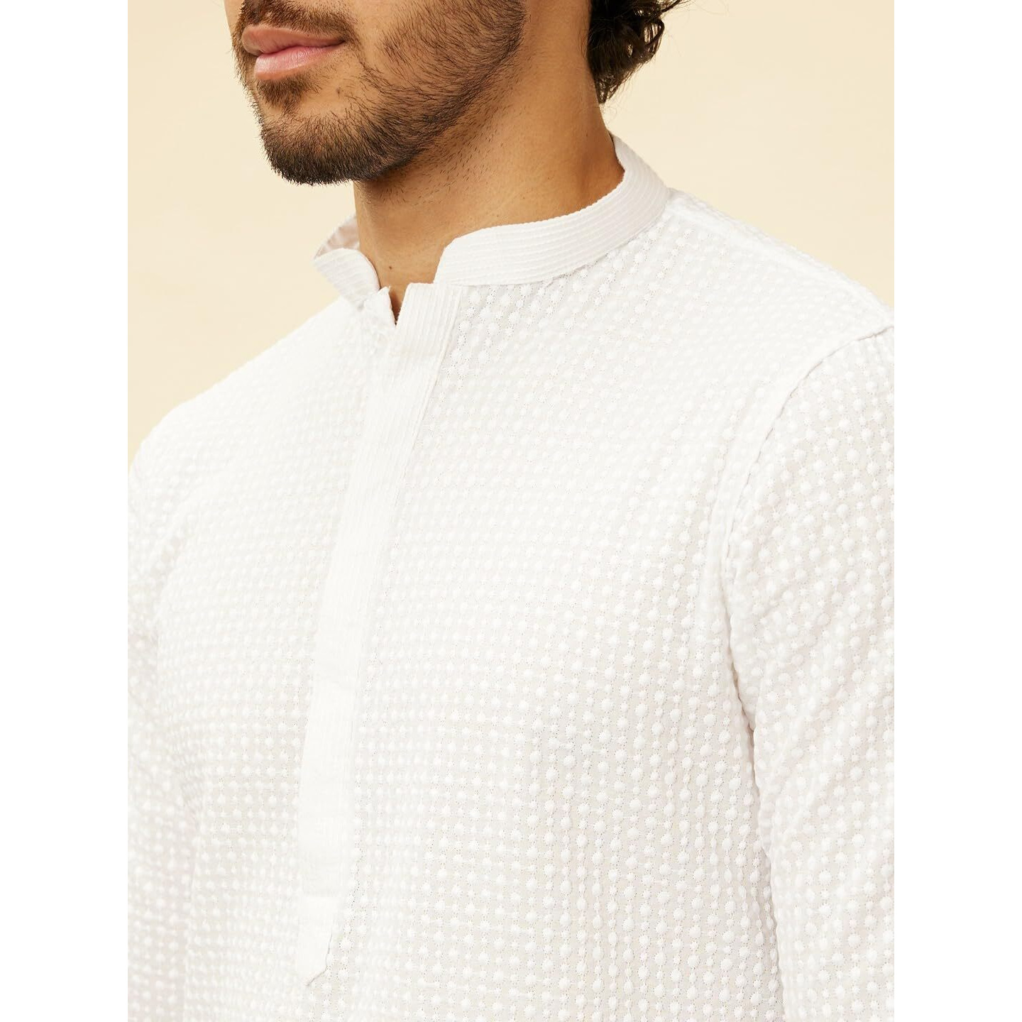 Manyavar Mens White Blended Cotton Embroidered Kurta Pyjama Set