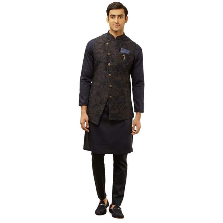 Manyavar Mens Blue Brocade Self Design Kurta Pyjama Jacket Set
