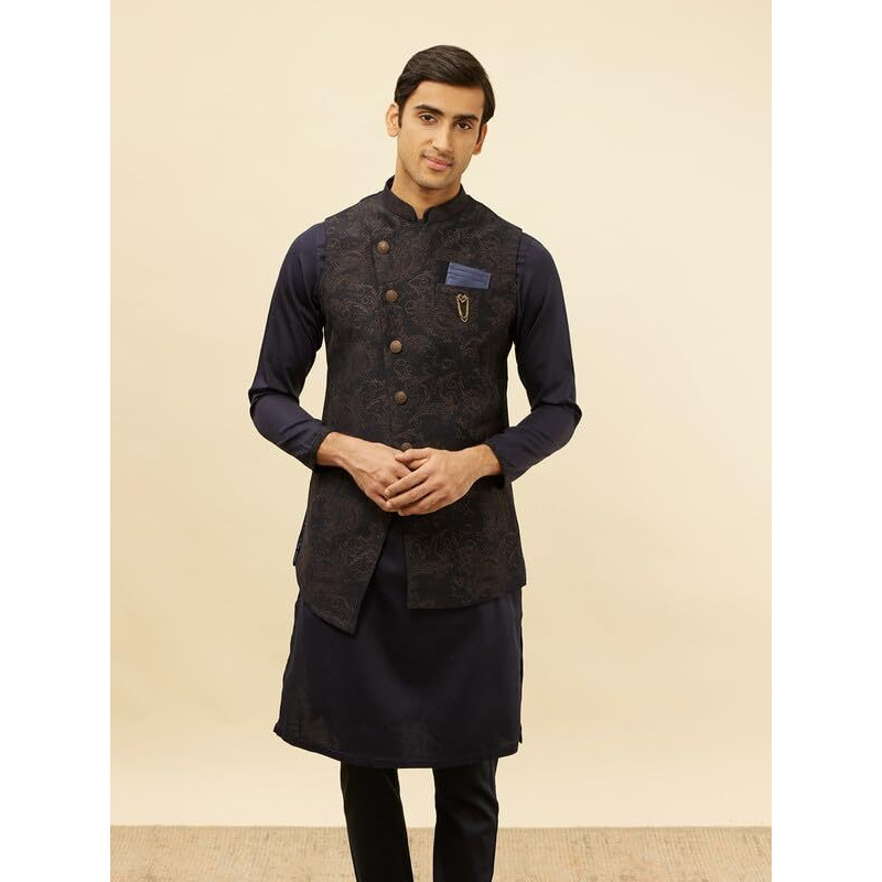 Manyavar Mens Blue Brocade Self Design Kurta Pyjama Jacket Set