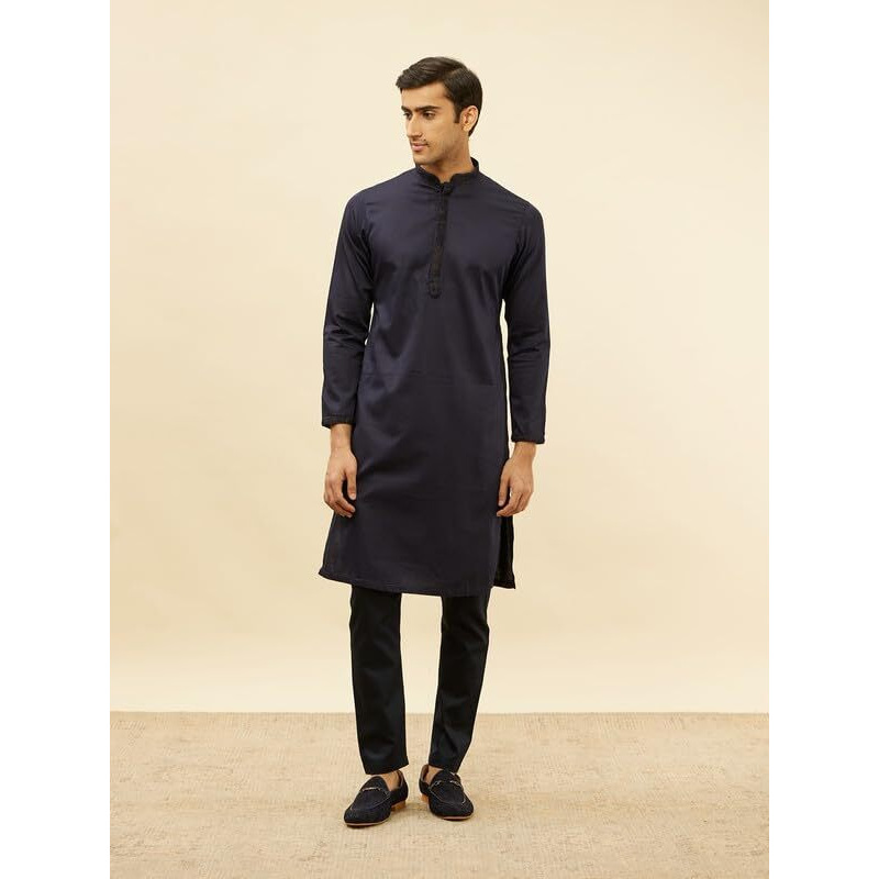 Manyavar Mens Blue Brocade Self Design Kurta Pyjama Jacket Set