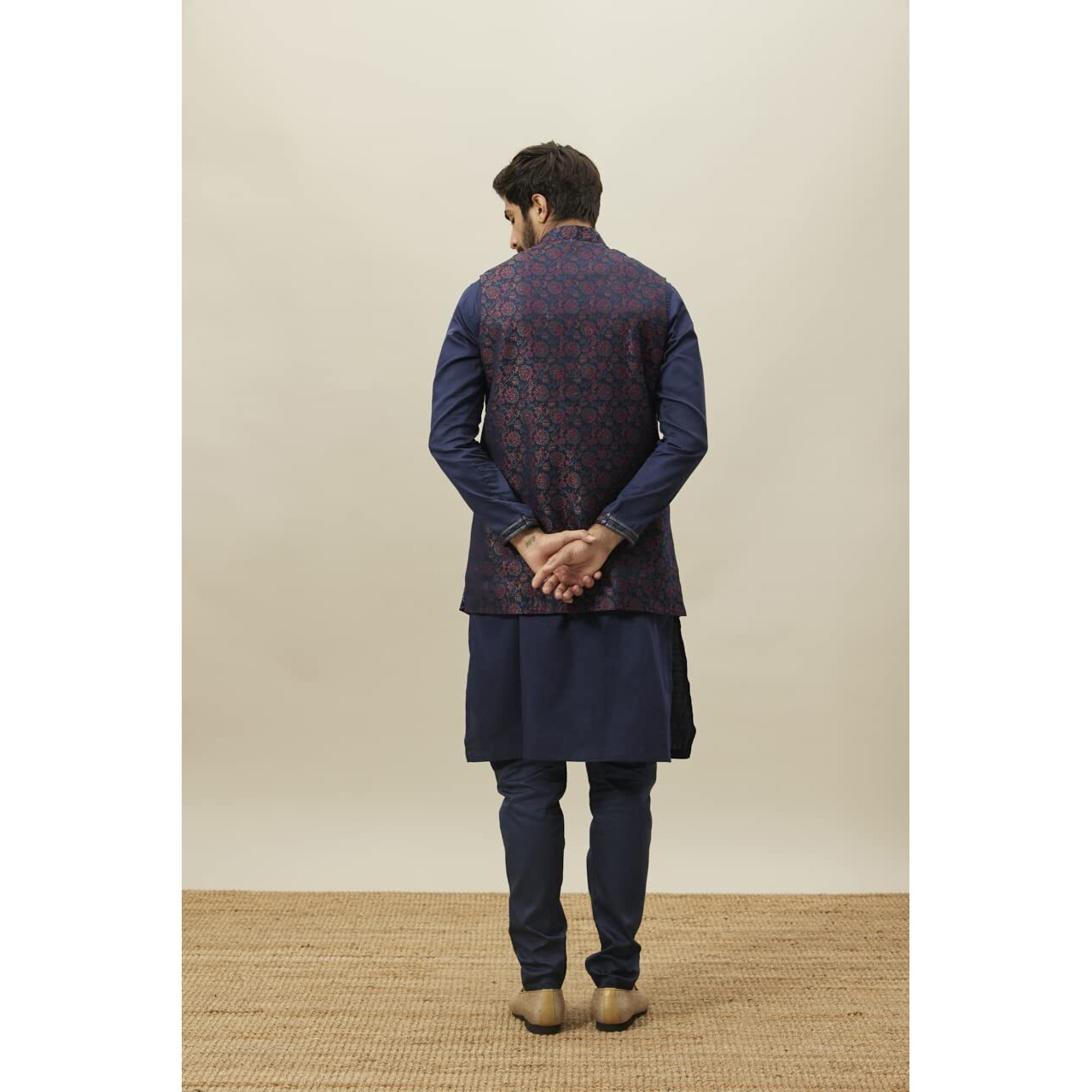 Manyavar Kurta Jacket Set With Payjama For Men, Full Sleeves Mandarin Collar Ethnic Wear Jacket Set For Festival, Wedding, Party Satin (Blue - 1, Xl)