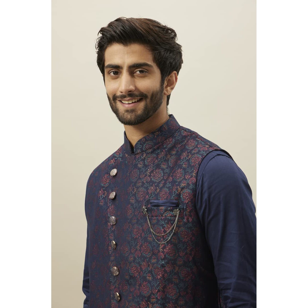 Manyavar Kurta Jacket Set With Payjama For Men, Full Sleeves Mandarin Collar Ethnic Wear Jacket Set For Festival, Wedding, Party Satin (Blue - 1, Xl)
