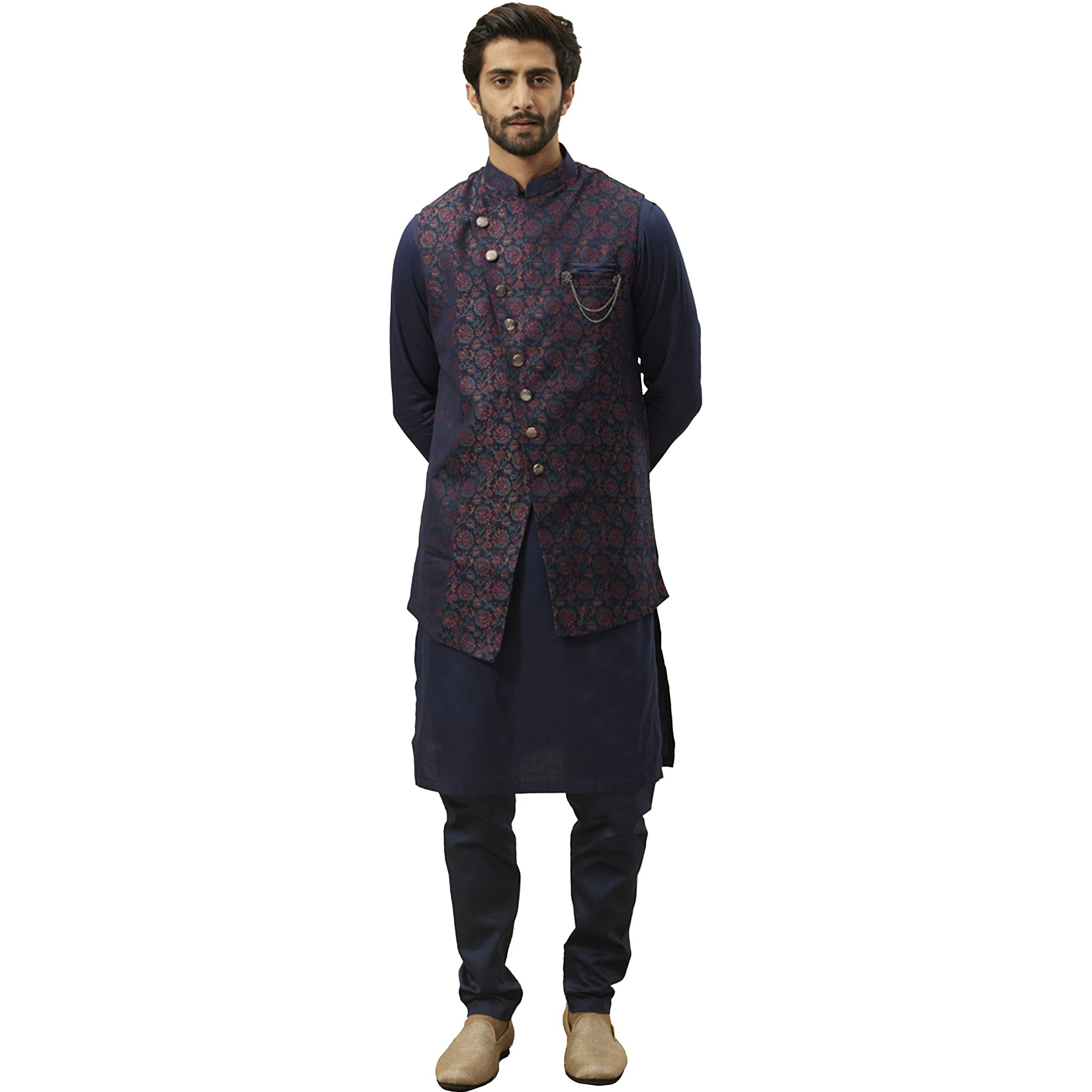 Manyavar Kurta Jacket Set With Payjama For Men, Full Sleeves Mandarin Collar Ethnic Wear Jacket Set For Festival, Wedding, Party Satin (Blue - 1, 2Xl)