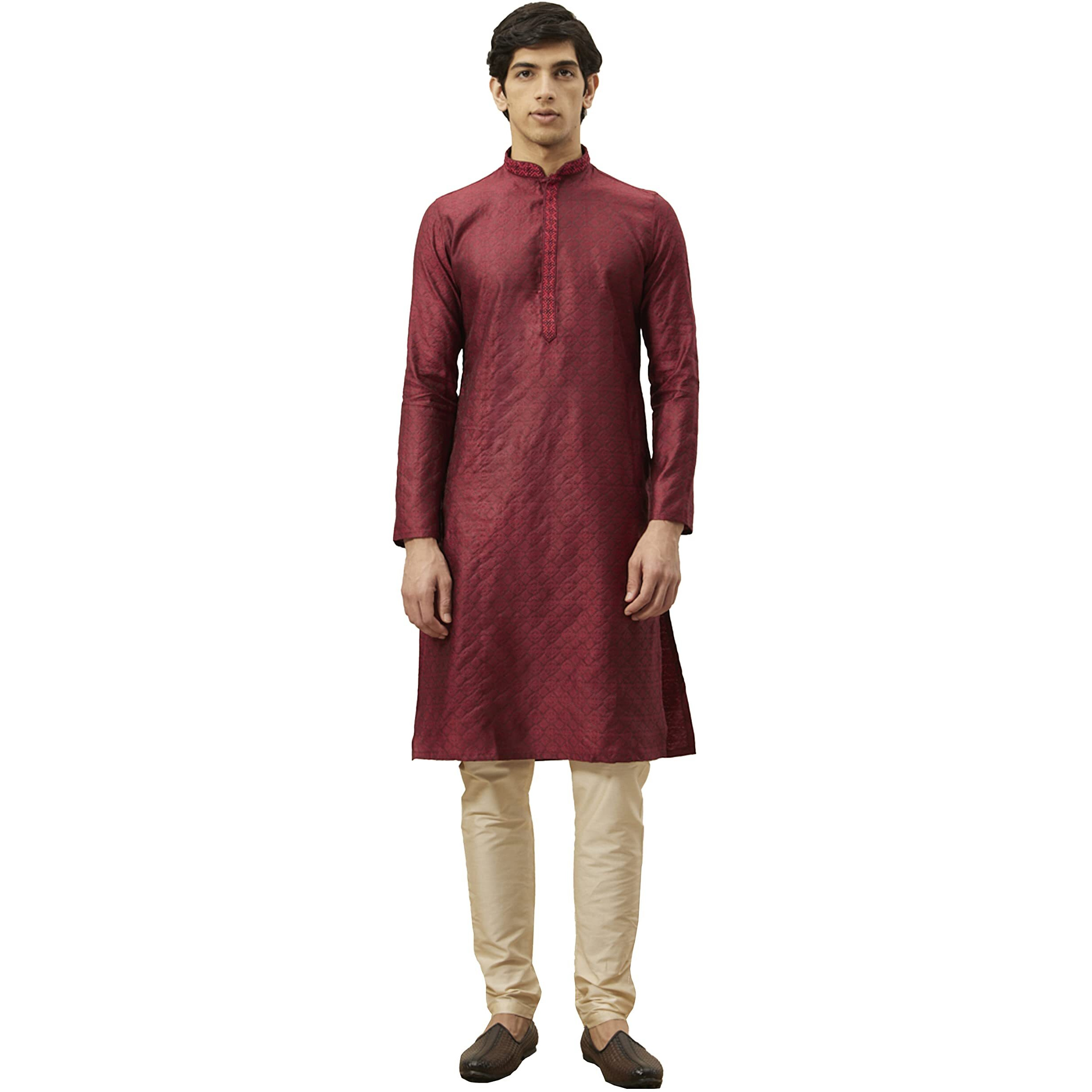 Manyavar Kurta Set For Men, Full Sleeves Mandarin Collar Ethnic Kurta & Payjama Set Art Silk All Over Self Design Set (Maroon, S)