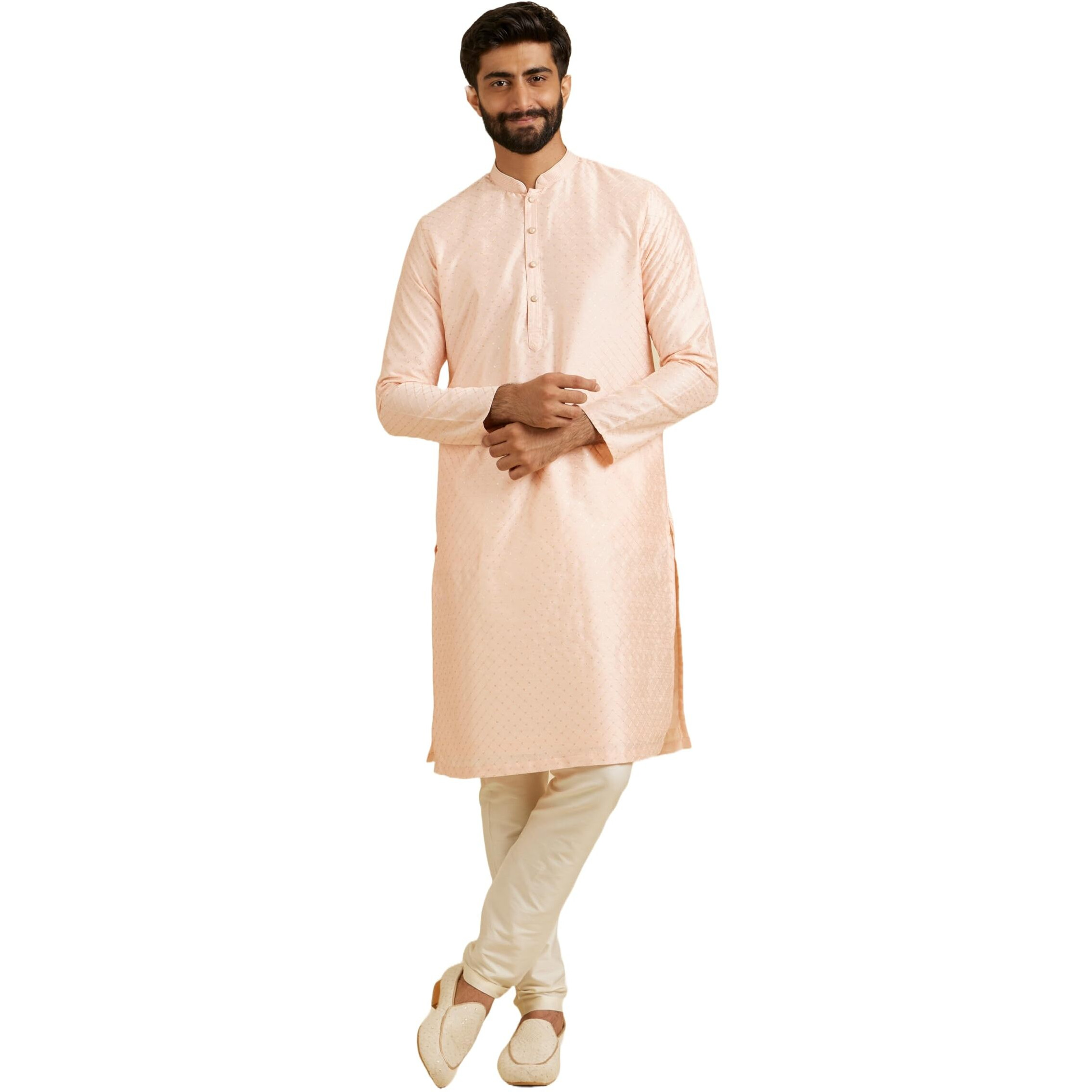 Manyavar Men's Light Pink Sequins Kurta Pajama (Peach,Xl)