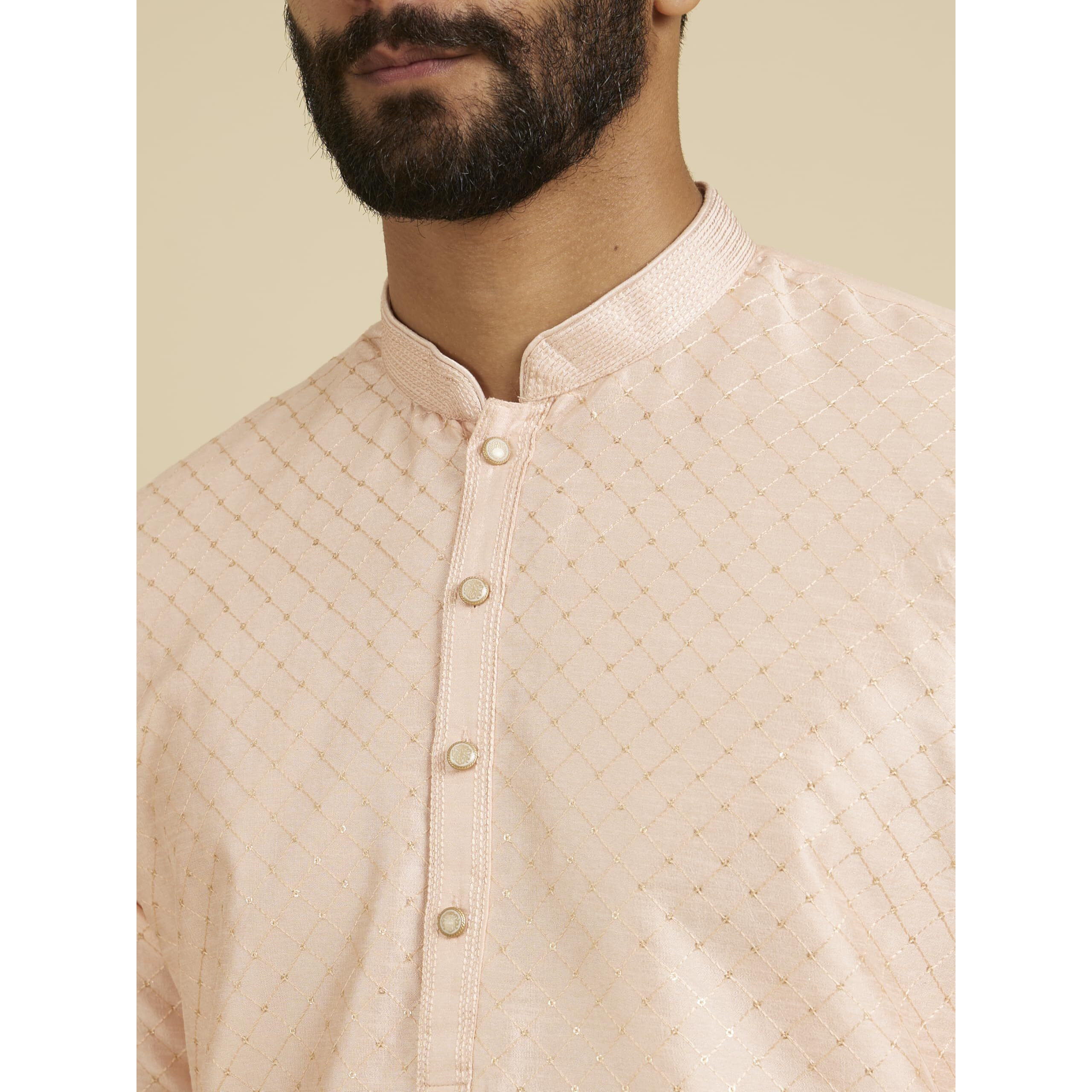Manyavar Men's Light Pink Sequins Kurta Pajama (Peach,Xl)