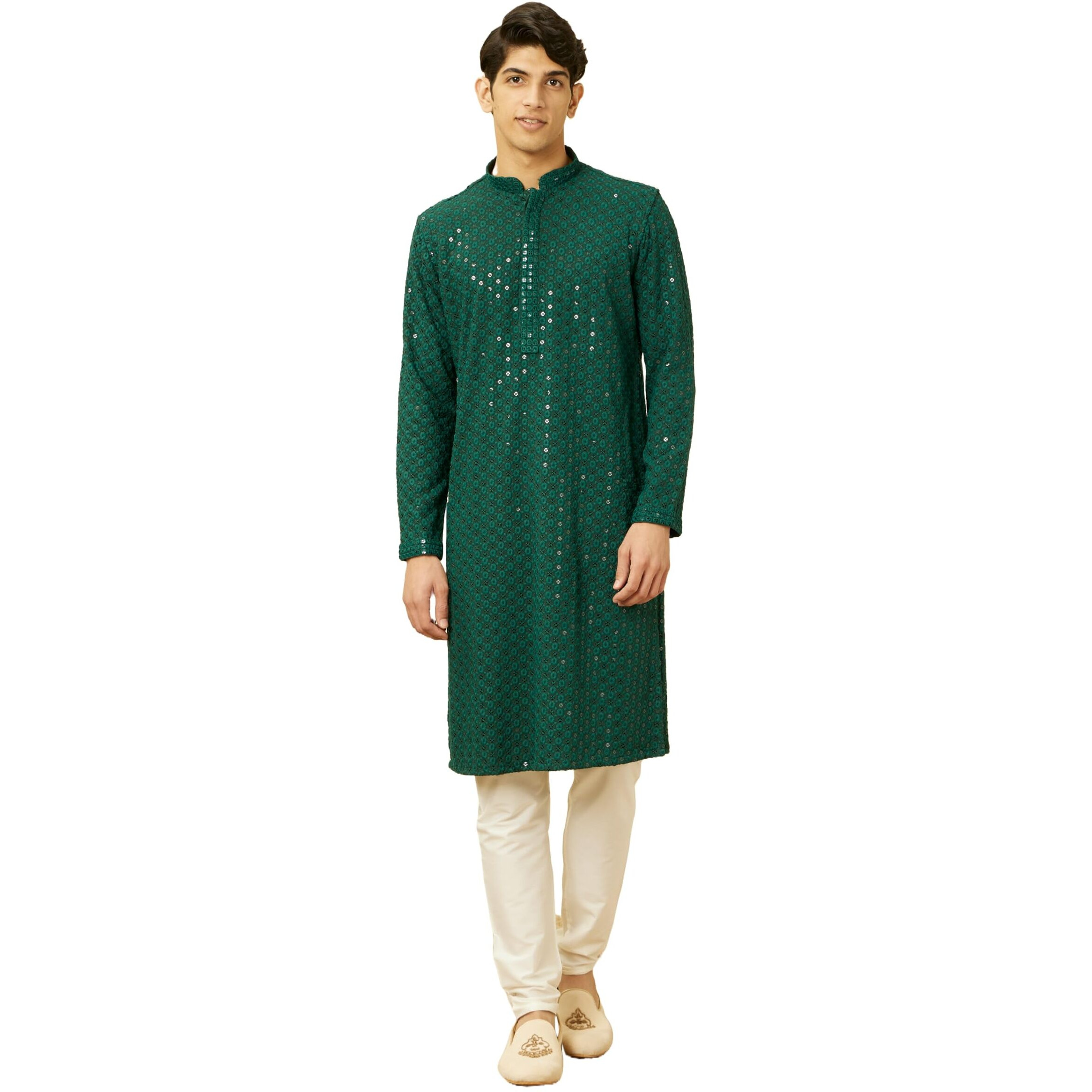Manyavar Men's Green Viscose Kurta Pyjama Set