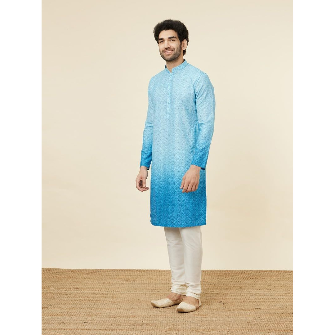 Manyavar Mens Light Blue Blended Cotton Kurtas