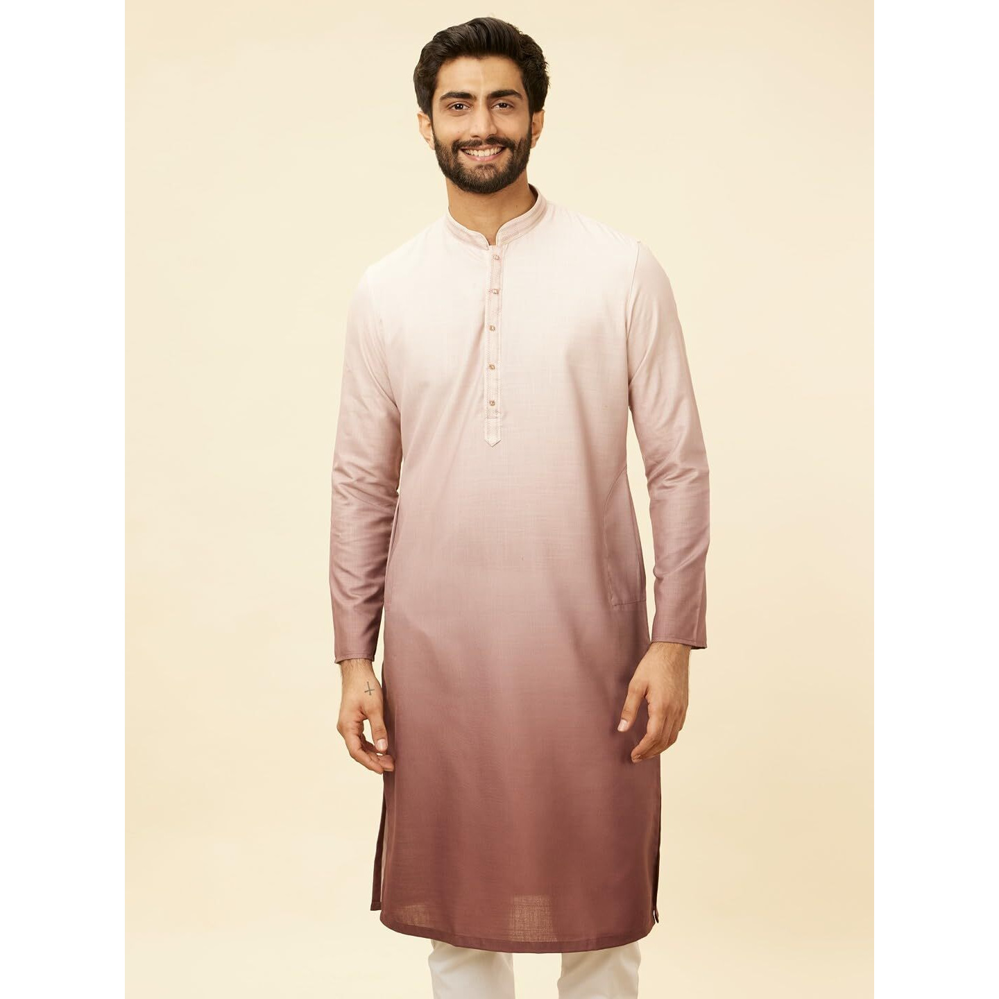 Manyavar Mens Brown Blended Cotton Printed Kurta Pyjama Set